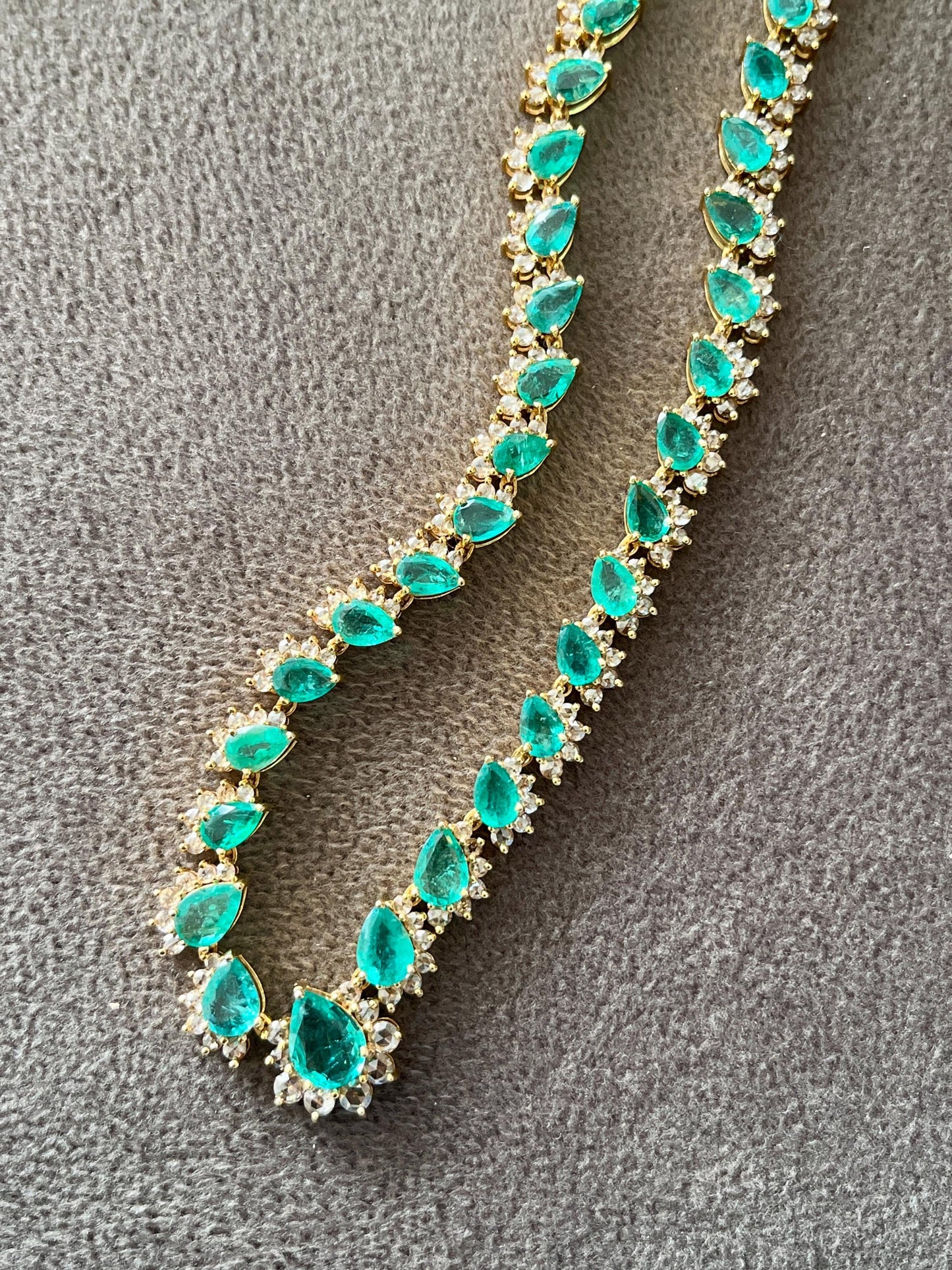 14k Gold Natural Zambian Emerald & Rose Cut Diamond Necklace - 15.74 Carats Emerald, 4.18 Carats Diamond Victorian Necklace