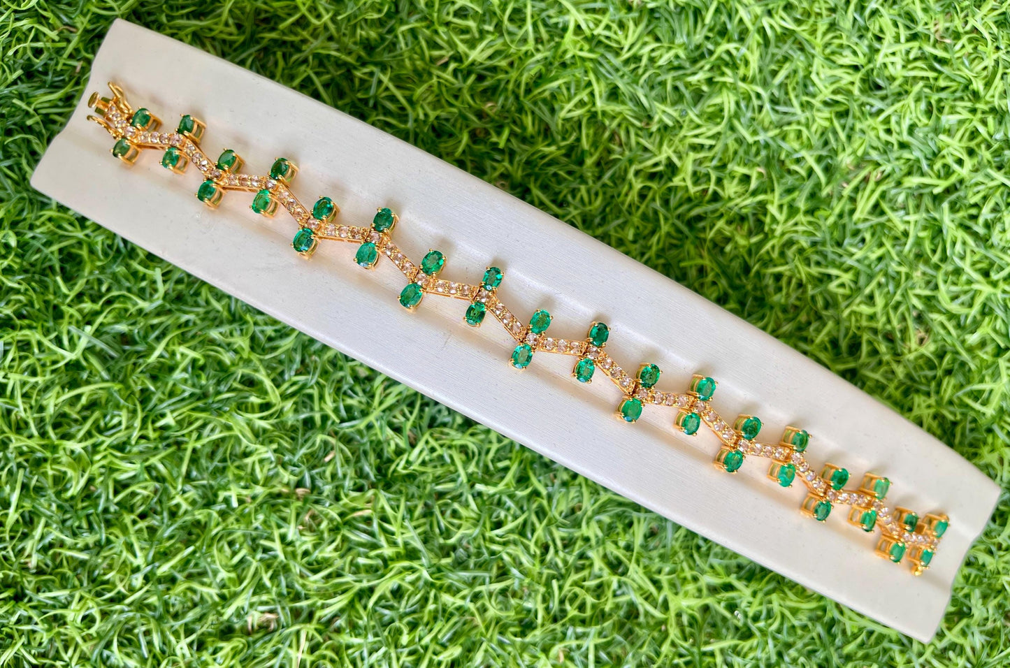 14k Gold Natural Zambian Emerald & Rose Cut Diamond Bracelet - 5.8 Carats Emerald, 1.82 Carats Diamond Art Deco Bracelet
