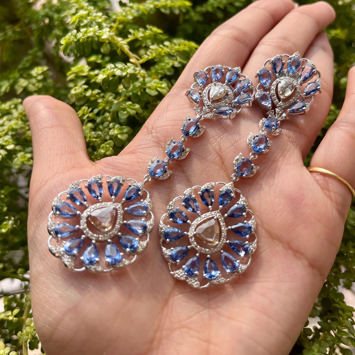 14k Gold Natural Blue Sapphire & Diamond Earrings - 19.5 Carats Sapphire, 3.74 Carats Diamond Victorian Earrings