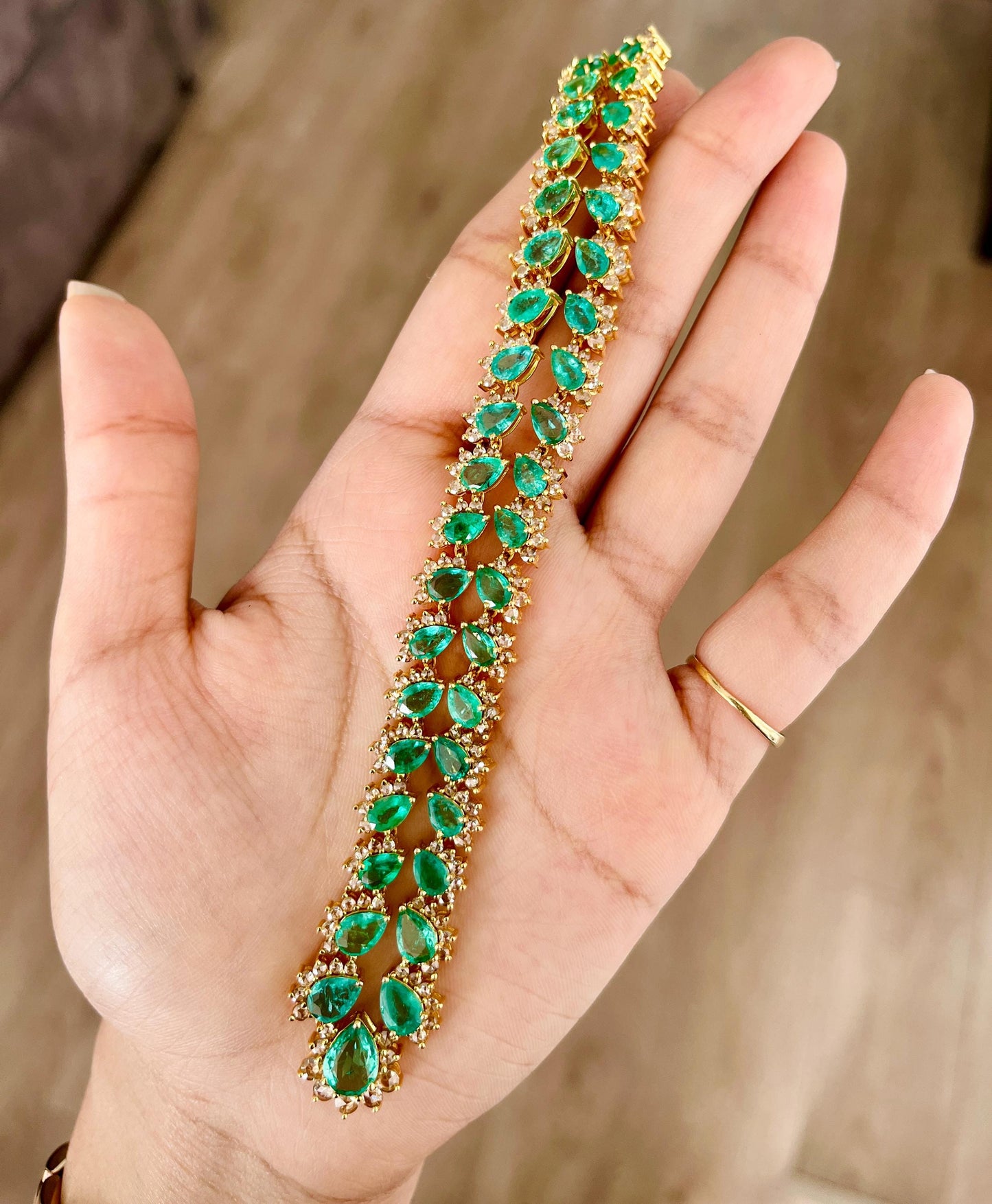 14k Gold Natural Zambian Emerald & Rose Cut Diamond Necklace - 15.74 Carats Emerald, 4.18 Carats Diamond Victorian Necklace