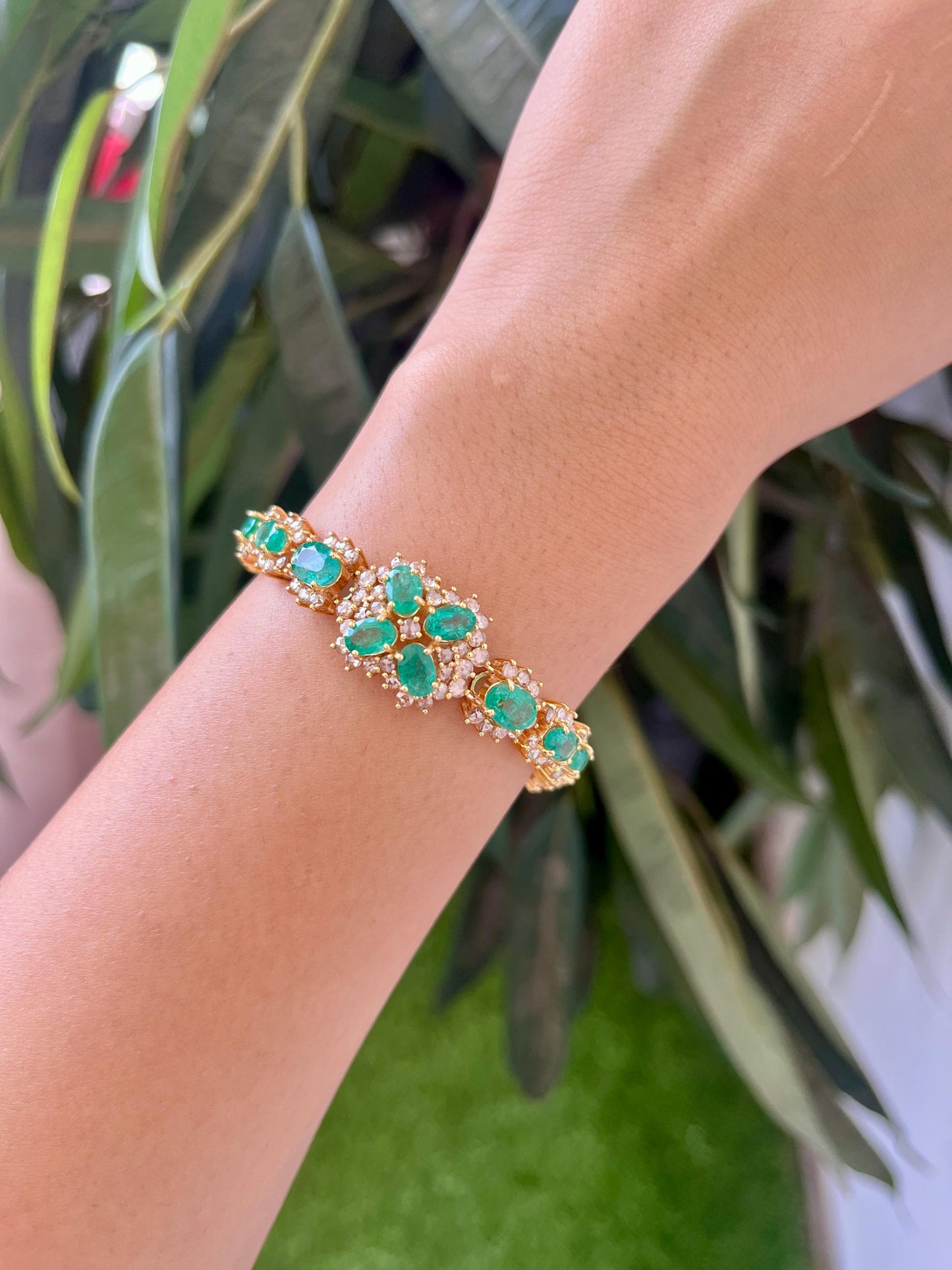 14k Gold Natural Zambian Emerald & Rose Cut Diamond Bracelet - 9.4 Carats Emerald, 4.35 Carats Diamond Art Deco Bracelet