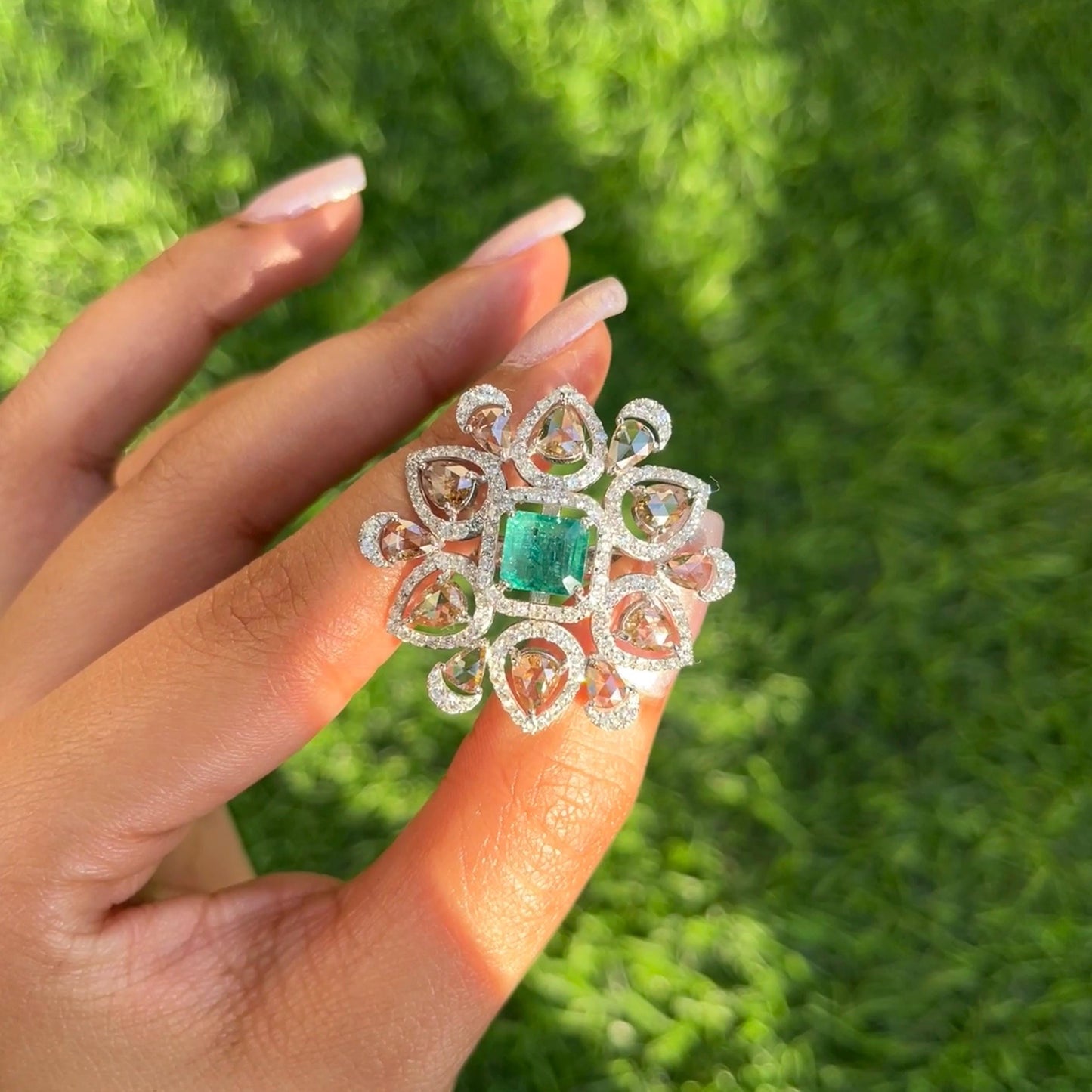 14k Gold Natural Zambian Emerald & Diamond Ring - 1.78 Carats Emerald, 4.11 Carats Diamond Victorian Ring