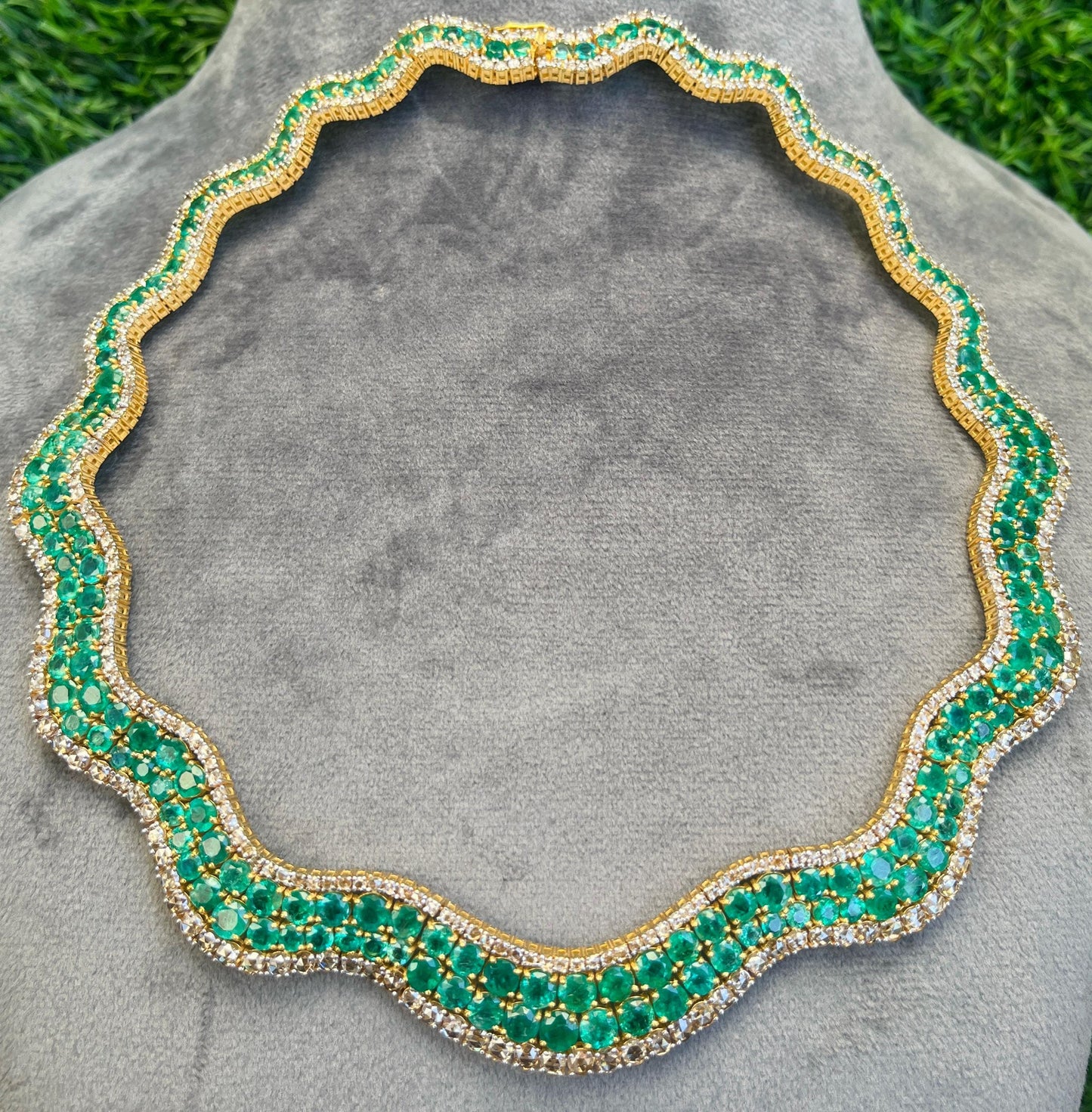 14k Gold Natural Zambian Emerald & Rose Cut Diamond Necklace - 41.23 Carats Emerald, 12.75 Carats Diamond Victorian Necklace