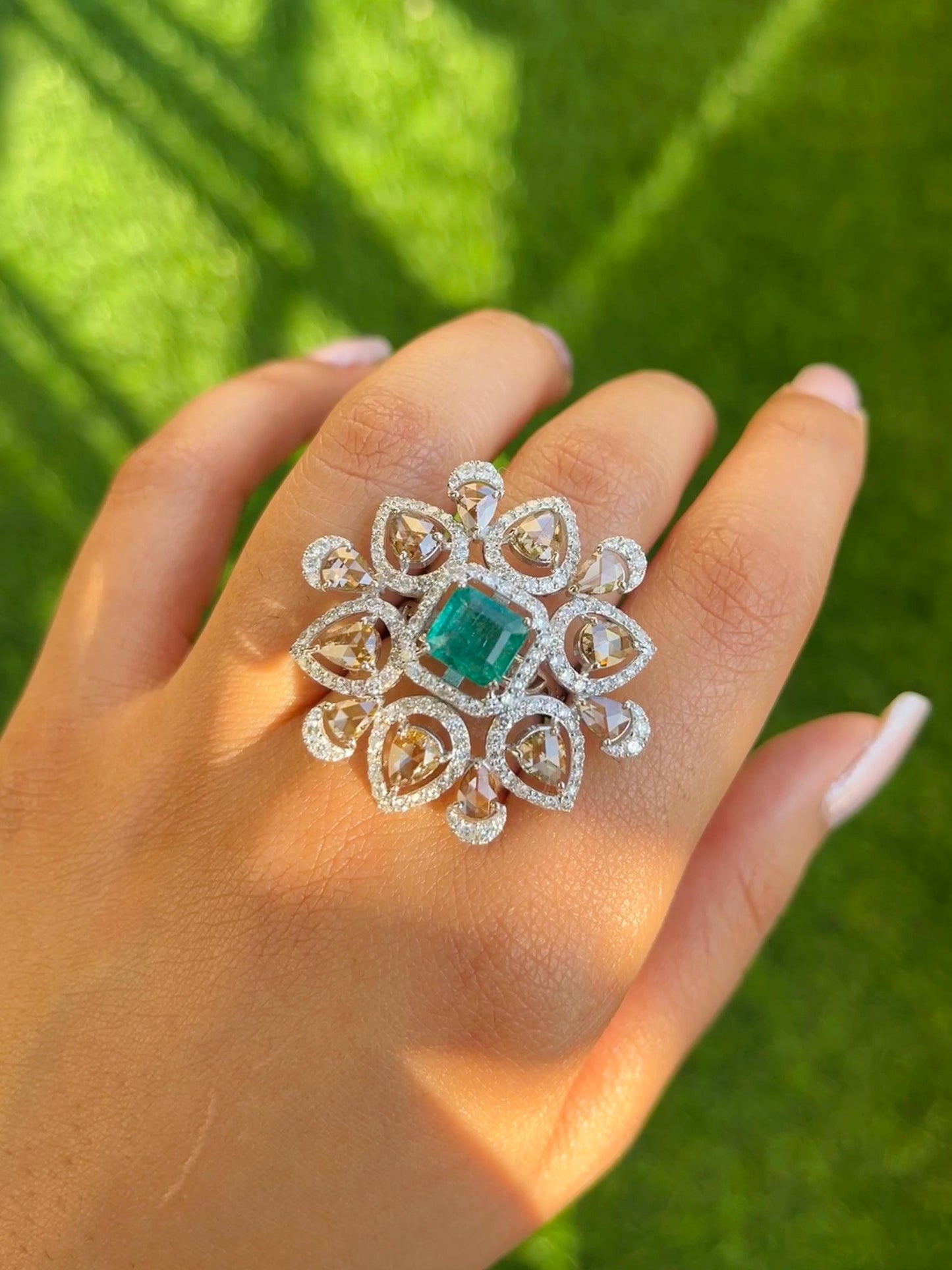 14k Gold Natural Zambian Emerald & Diamond Ring - 1.78 Carats Emerald, 4.11 Carats Diamond Victorian Ring