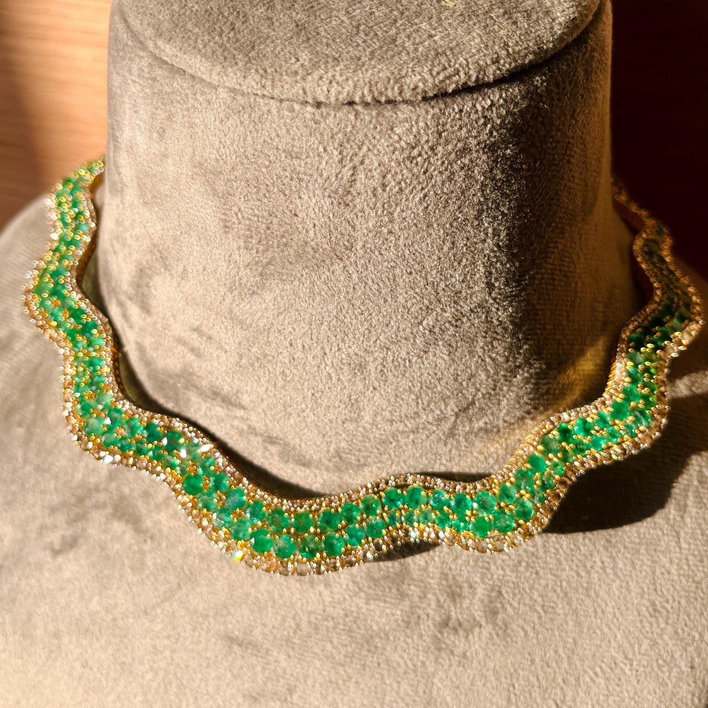 14k Gold Natural Zambian Emerald & Rose Cut Diamond Necklace - 41.23 Carats Emerald, 12.75 Carats Diamond Victorian Necklace