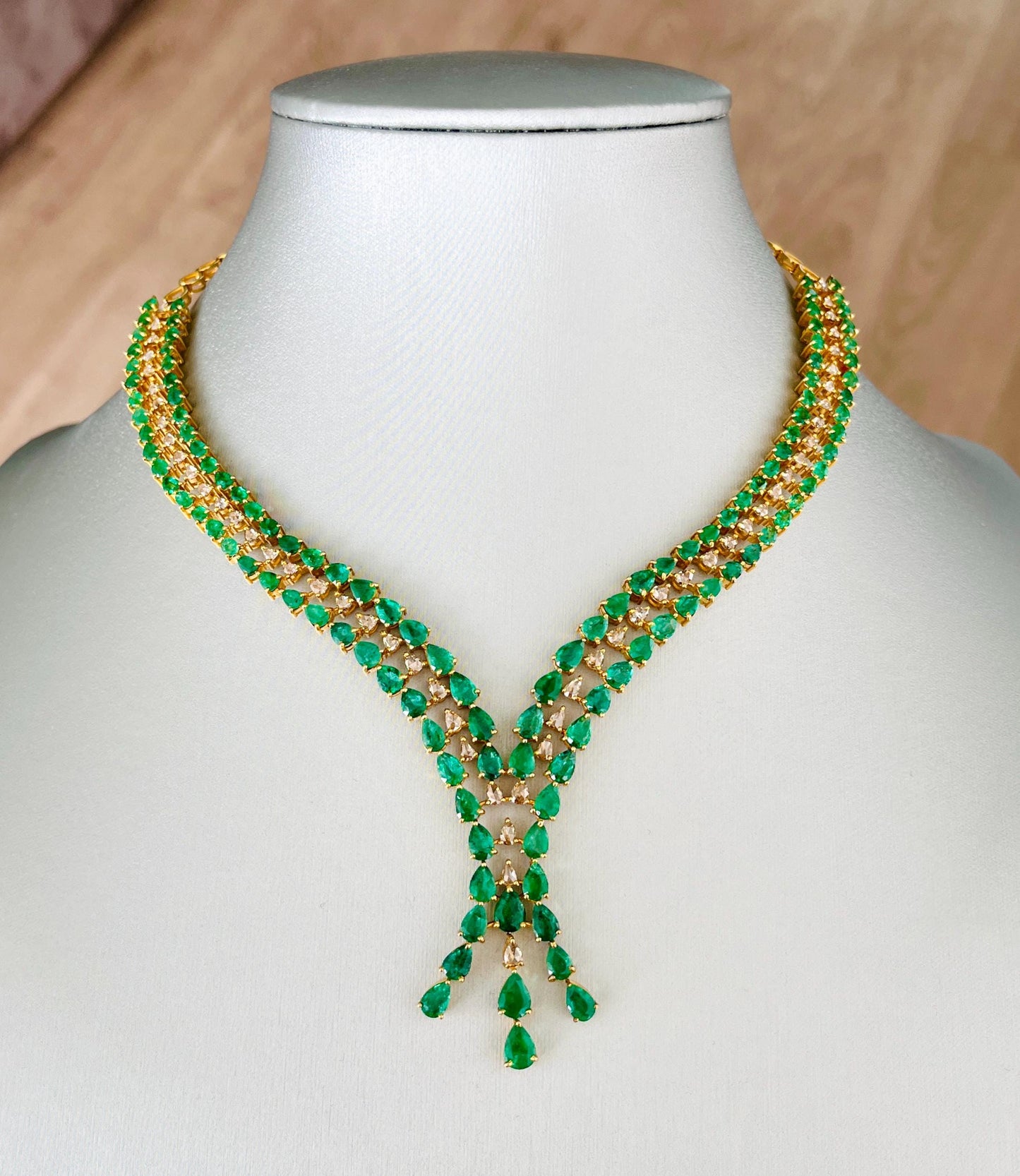 14k Gold Natural Zambian Emerald & Rose Cut Diamond Necklace - 25.94 Carats Emerald, 3.4 Carats Diamond Victorian Necklace