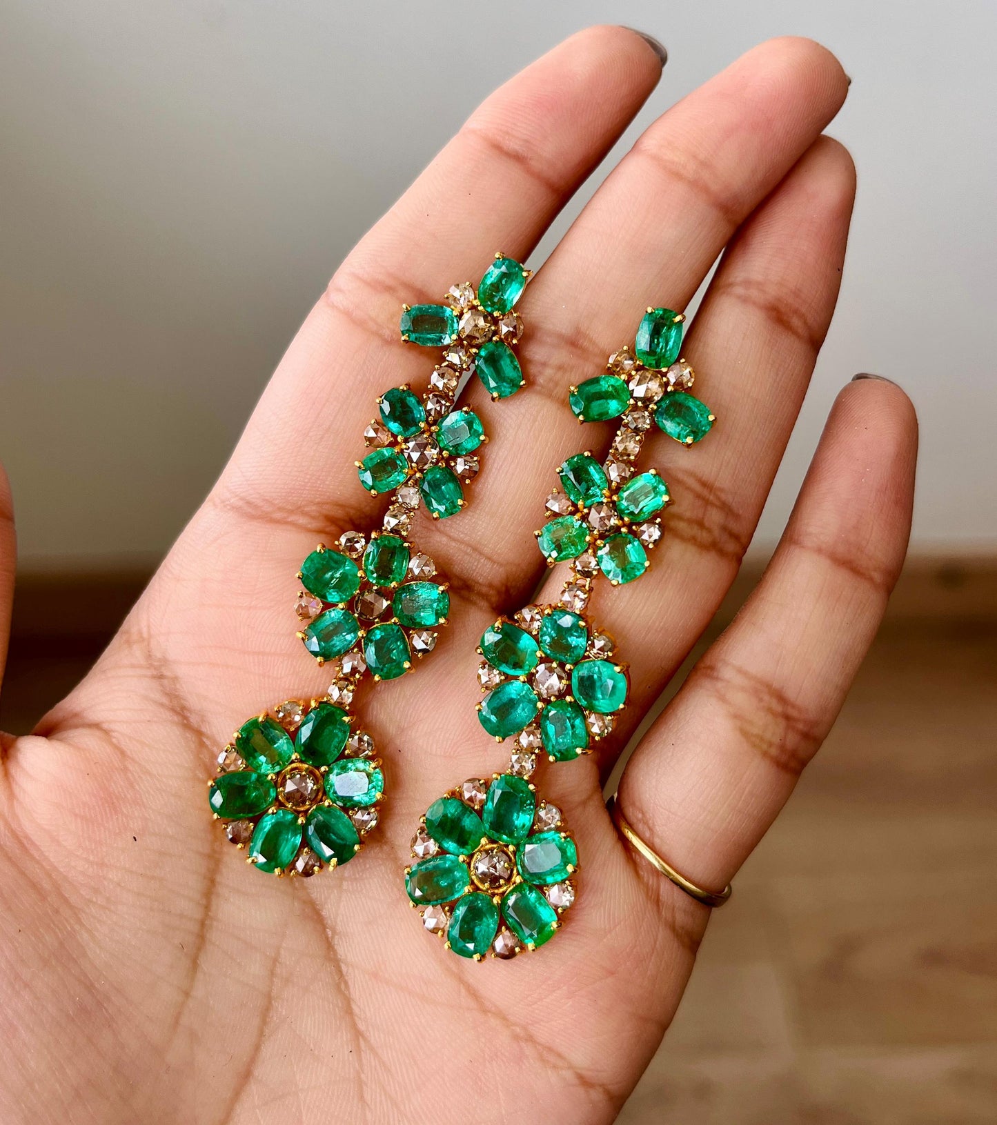 14k Gold Natural Zambian Emerald & Rose Cut Diamond Earrings - 19.01 Carats Emerald, 4.38 Carats Diamond Victorian Earrings