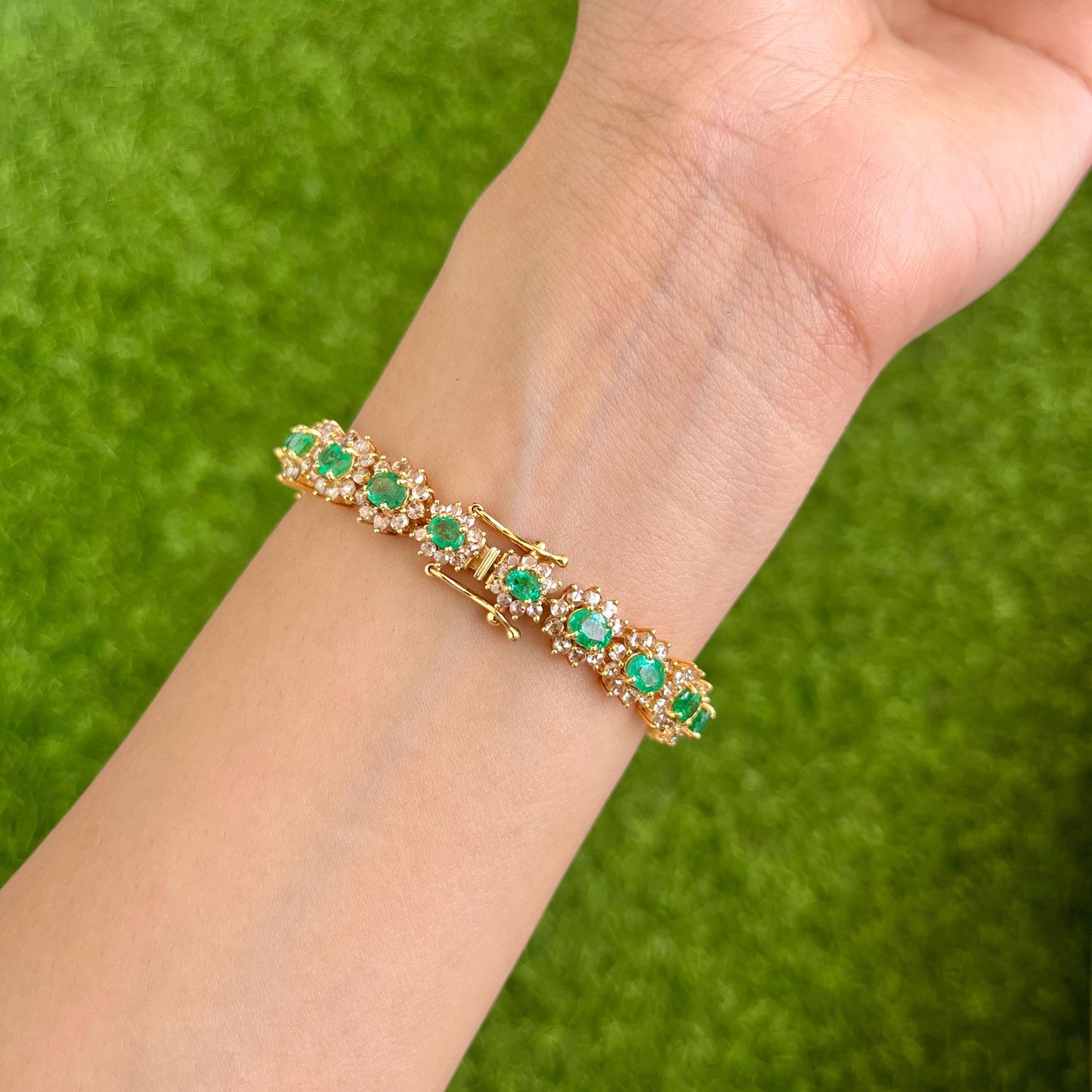 14k Gold Natural Zambian Emerald & Rose Cut Diamond Bracelet - 9.4 Carats Emerald, 4.35 Carats Diamond Art Deco Bracelet