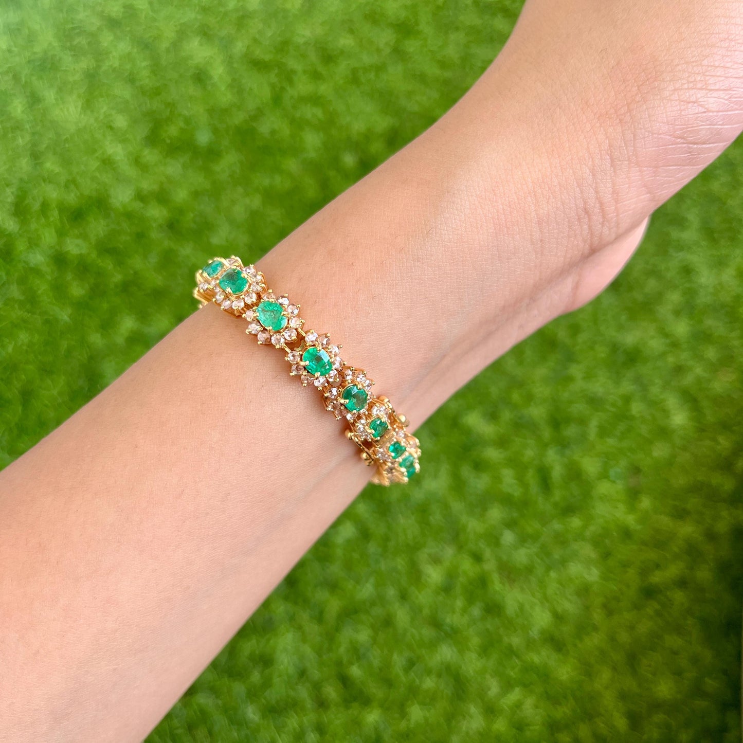 14k Gold Natural Zambian Emerald & Rose Cut Diamond Bracelet - 9.4 Carats Emerald, 4.35 Carats Diamond Art Deco Bracelet