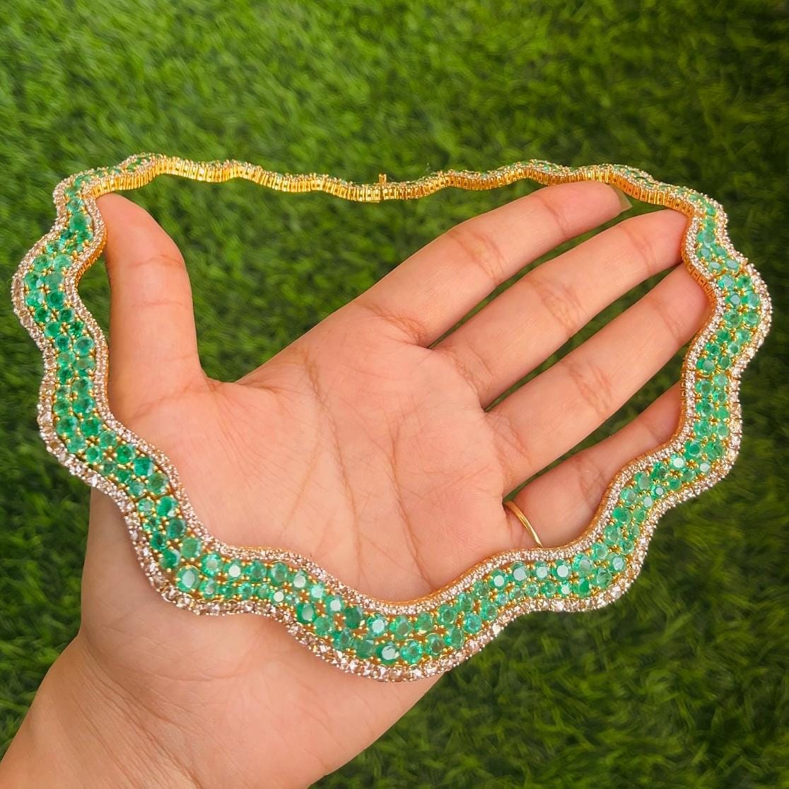 14k Gold Natural Zambian Emerald & Rose Cut Diamond Necklace - 41.23 Carats Emerald, 12.75 Carats Diamond Victorian Necklace