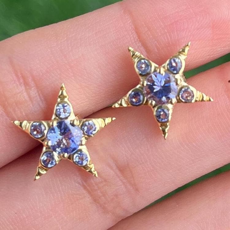 Solid Gold Natural Tanzanite Star Victorian Stud Earrings