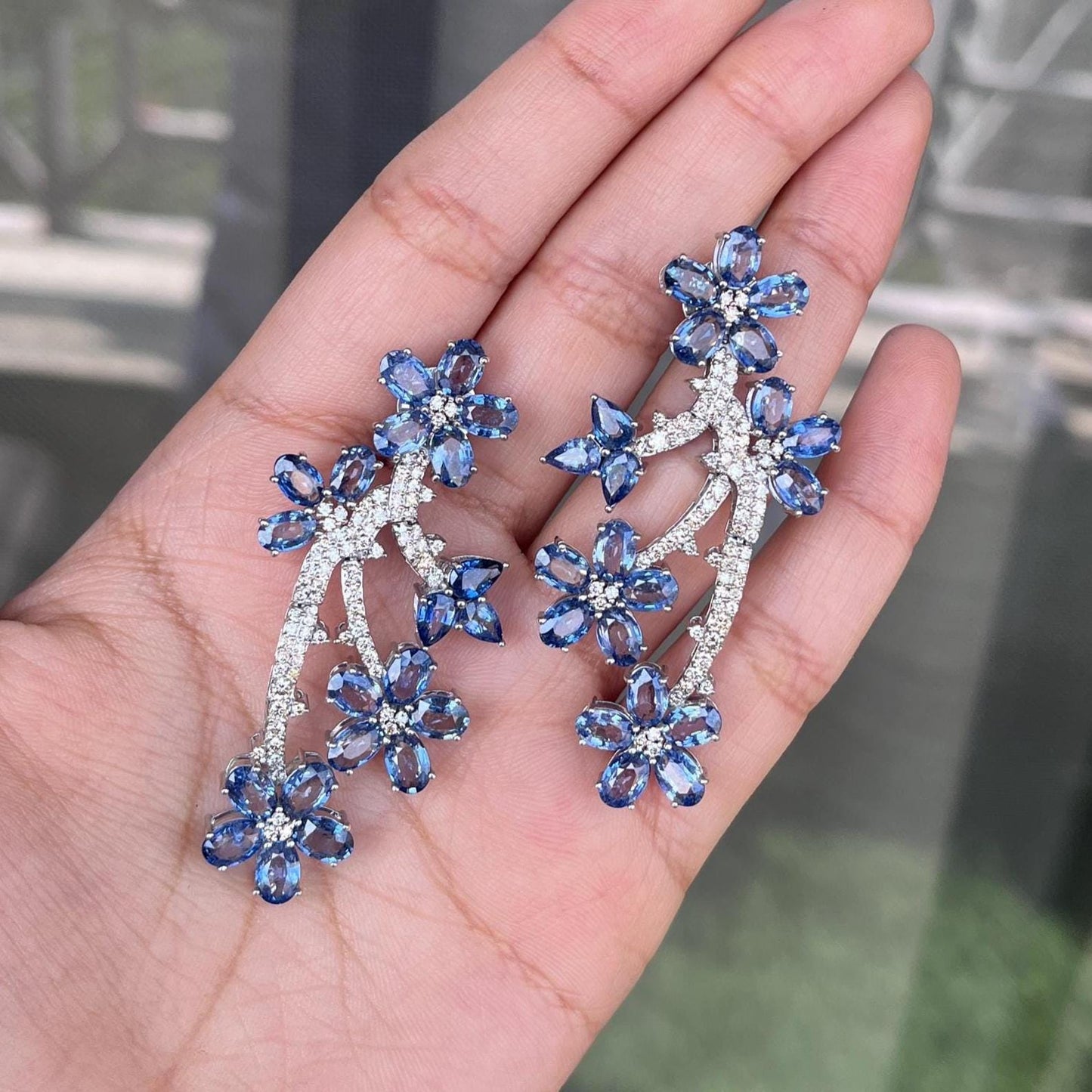 14k Gold Natural Blue Sapphire & Diamond Earrings - 21.48 Carats Sapphire, 1.83 Carats Diamond Art Nouveau Earrings