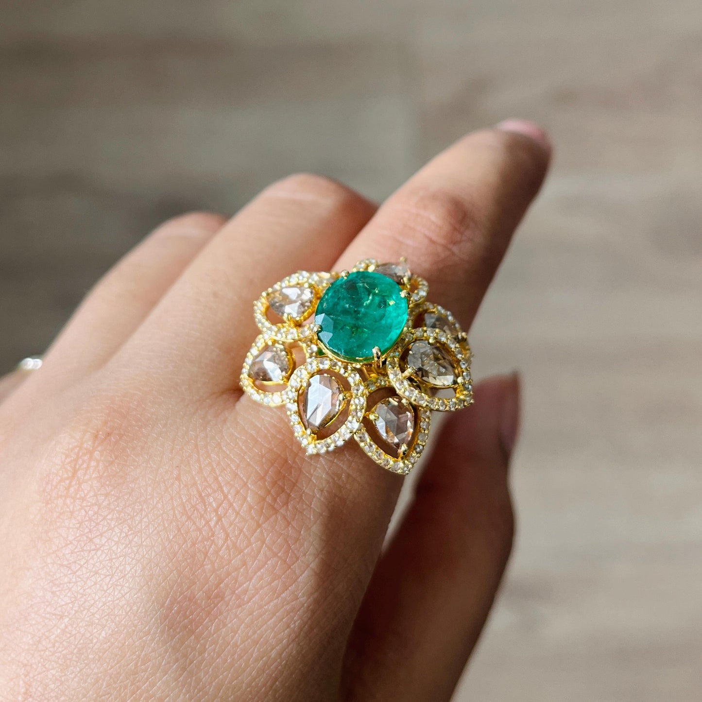 14k Gold Natural Zambian Emerald & Diamond Ring - 3.06 Carats Emerald, 3.07 Carats Diamond Victorian Ring
