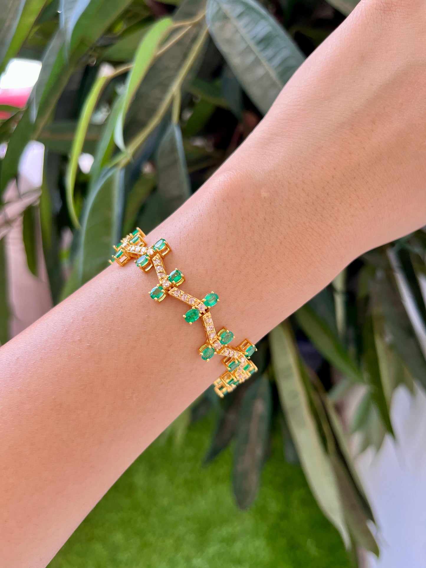 14k Gold Natural Zambian Emerald & Rose Cut Diamond Bracelet - 5.8 Carats Emerald, 1.82 Carats Diamond Art Deco Bracelet