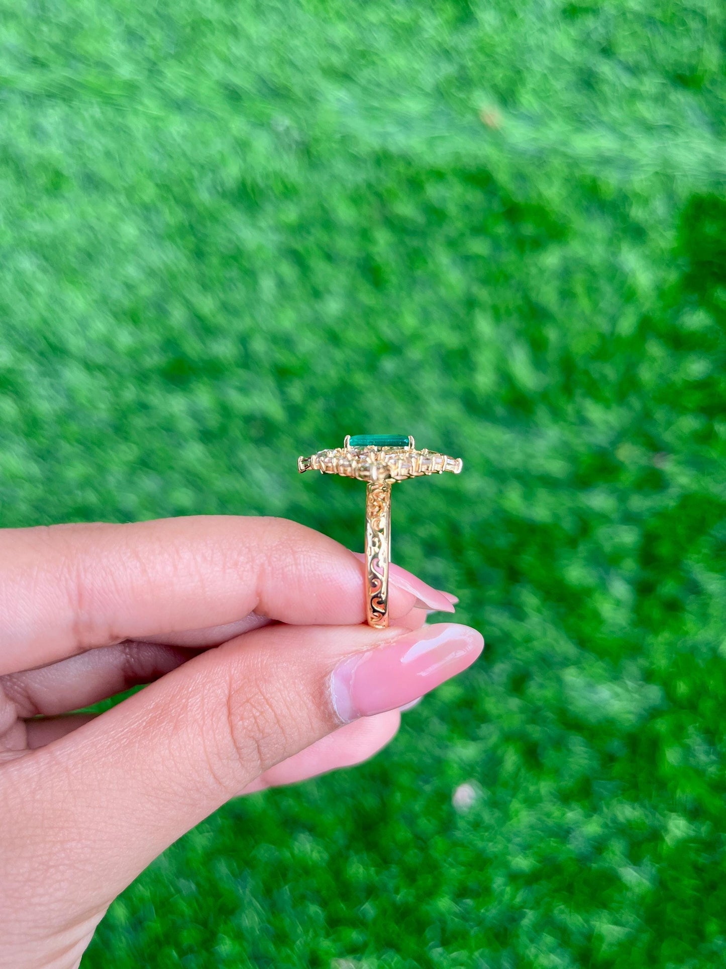 14k Gold Natural Zambian Emerald & Diamond Ring - 1.47 Carats Emerald, 2.69 Carats Diamond Art Nouveau Ring