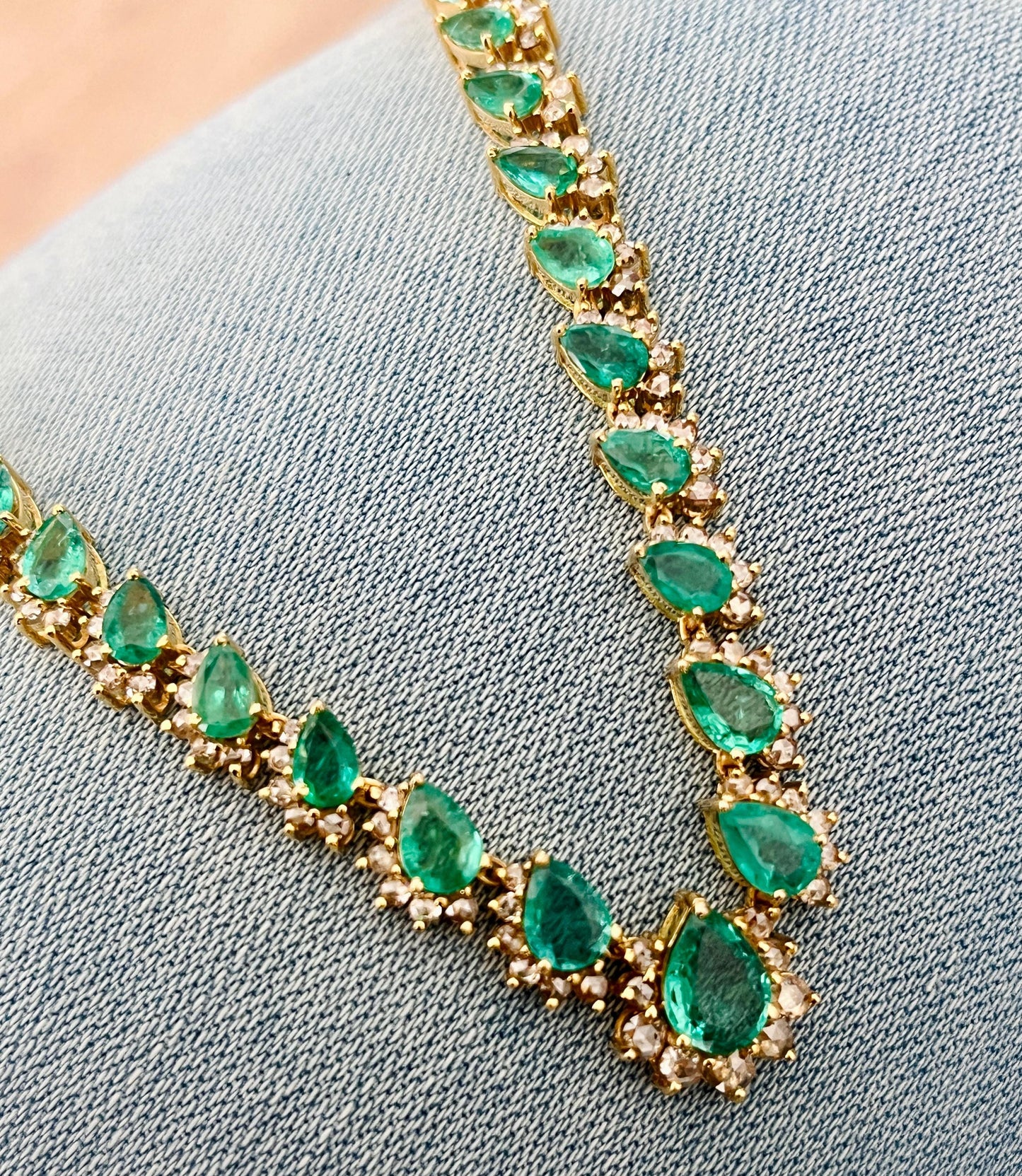 14k Gold Natural Zambian Emerald & Rose Cut Diamond Necklace - 15.74 Carats Emerald, 4.18 Carats Diamond Victorian Necklace