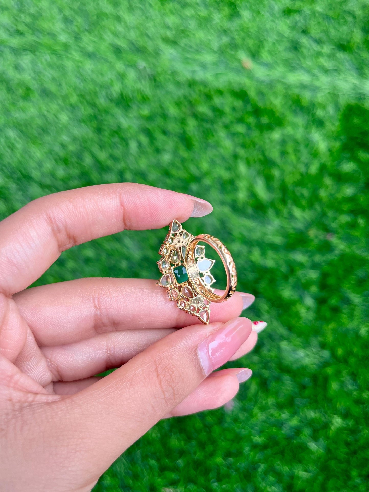 14k Gold Natural Zambian Emerald & Diamond Ring - 1.47 Carats Emerald, 2.69 Carats Diamond Art Nouveau Ring