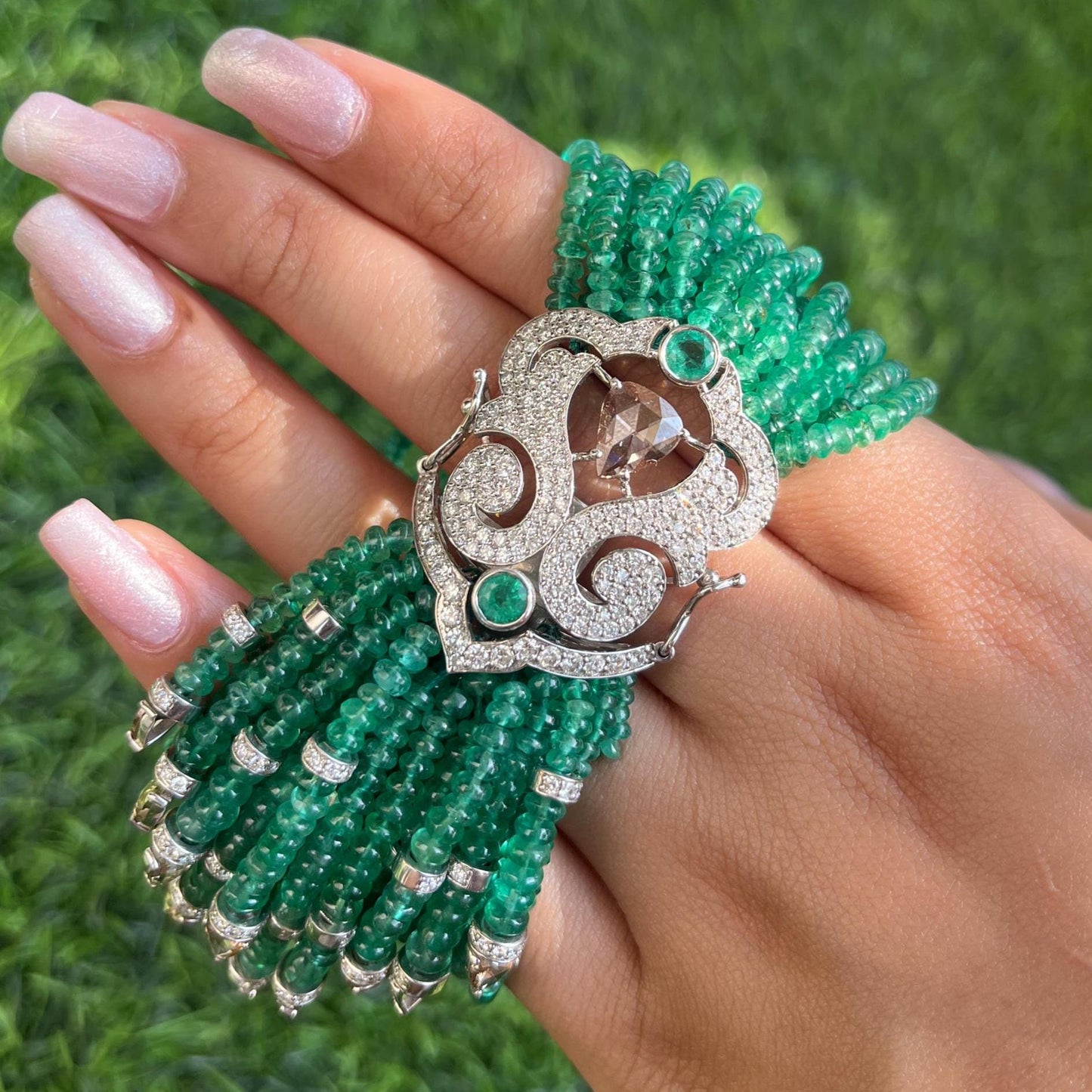 14k Gold Natural Zambian Emerald & Diamond Bracelet - 185.1 Carats Emerald, 5.97 Carats Diamond Victorian Beaded Bracelet