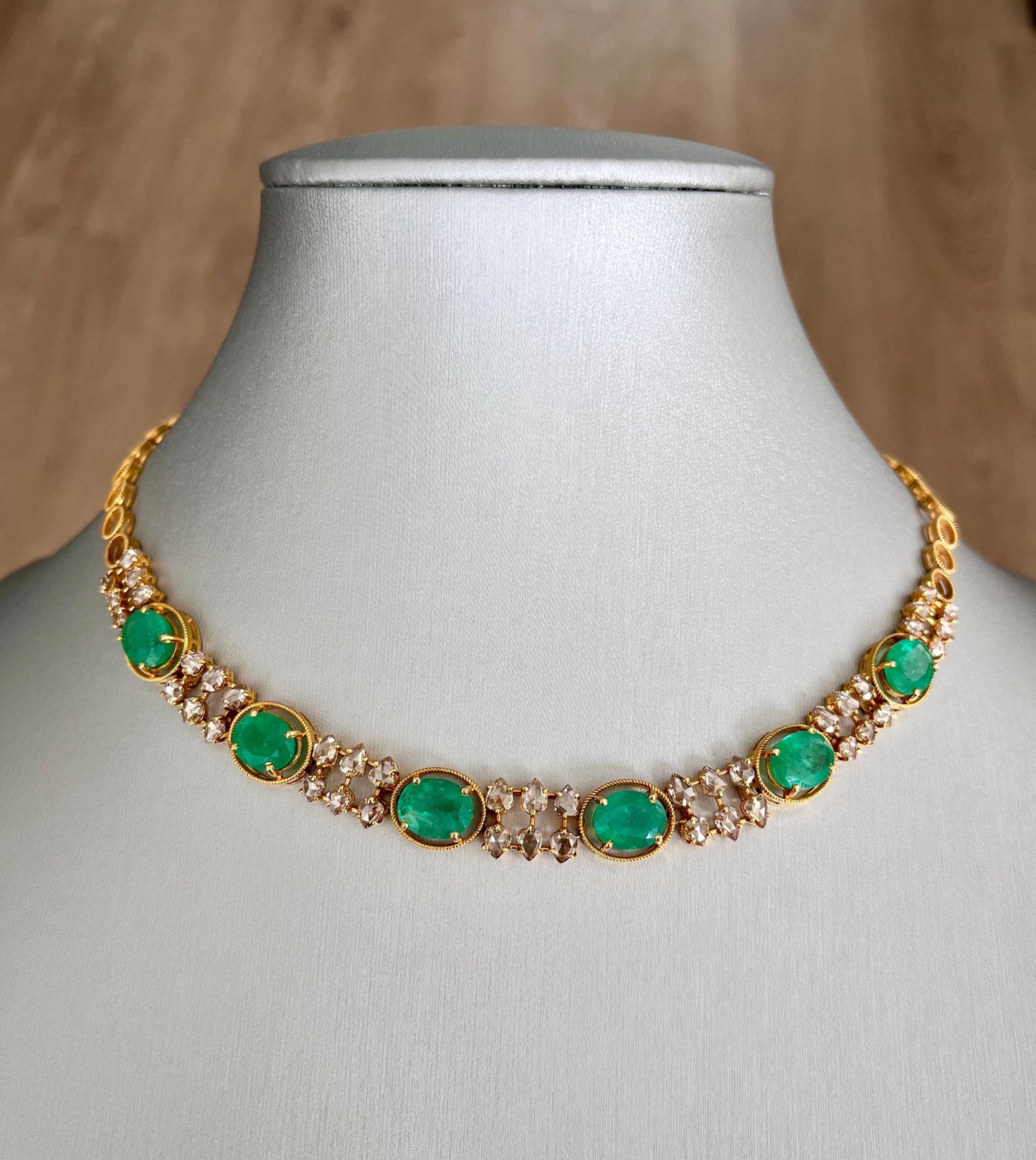 14k Gold Natural Zambian Emerald & Rose Cut Diamond Necklace - 15.41 Carats Emerald, 5.68 Carats Diamond Victorian Necklace