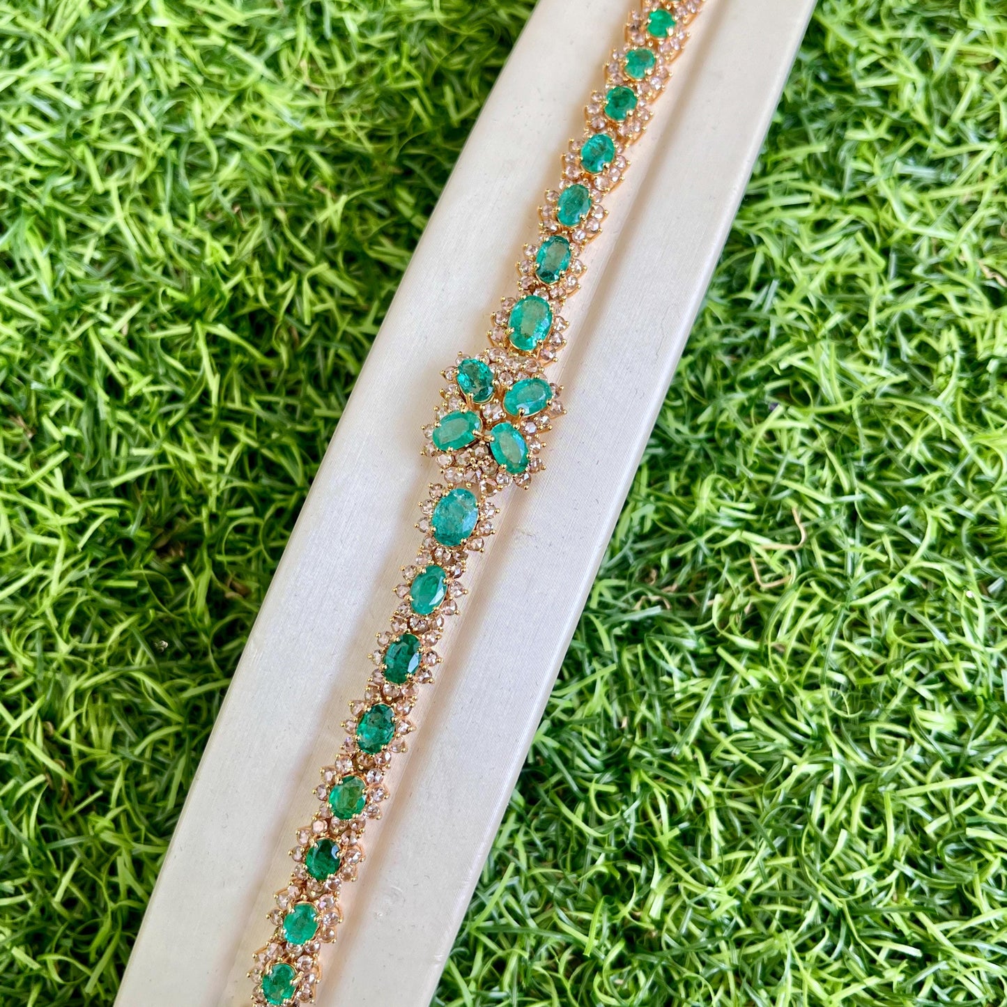 14k Gold Natural Zambian Emerald & Rose Cut Diamond Bracelet - 9.4 Carats Emerald, 4.35 Carats Diamond Art Deco Bracelet