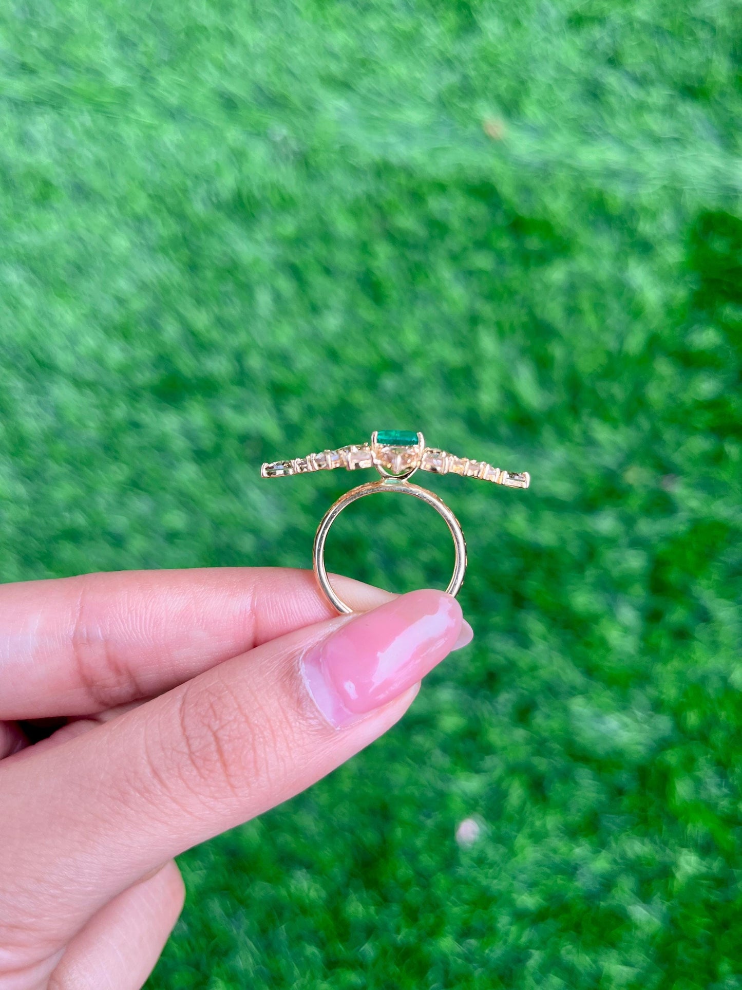 14k Gold Natural Zambian Emerald & Diamond Ring - 1.47 Carats Emerald, 2.69 Carats Diamond Art Nouveau Ring