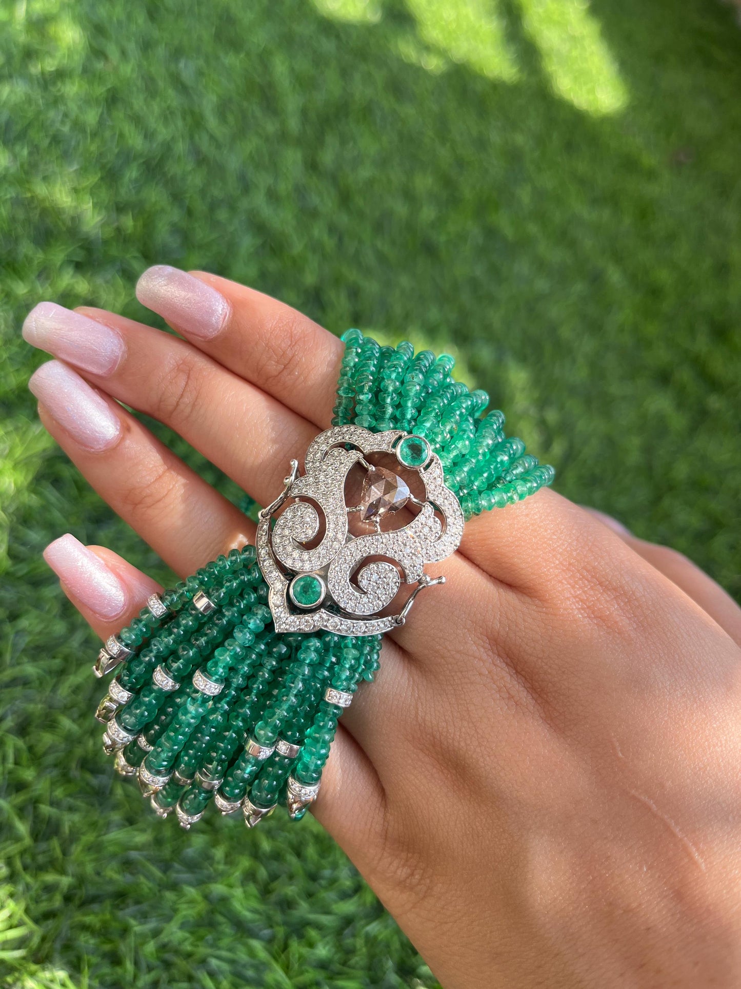 14k Gold Natural Zambian Emerald & Diamond Bracelet - 185.1 Carats Emerald, 5.97 Carats Diamond Victorian Beaded Bracelet