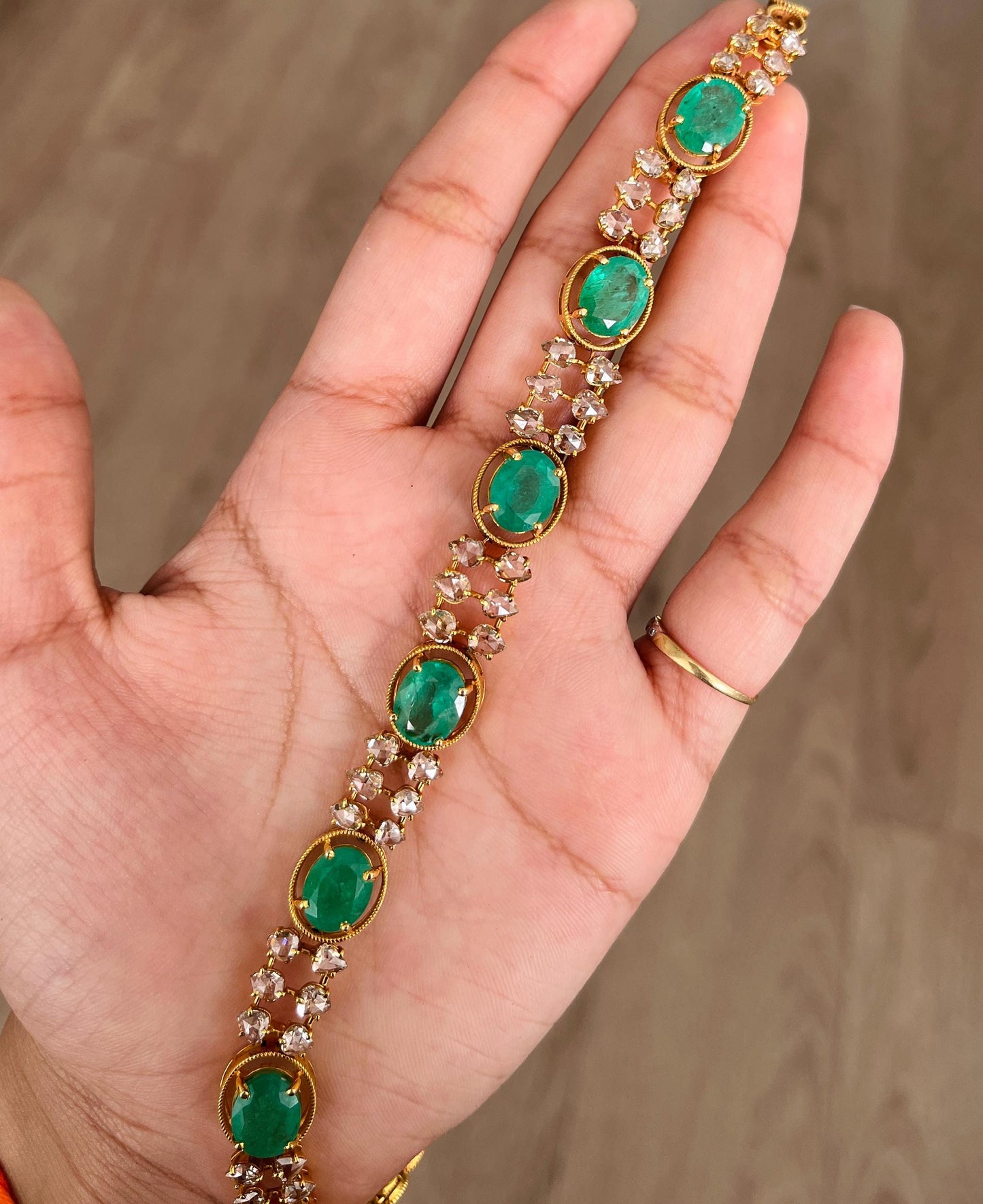 14k Gold Natural Zambian Emerald & Rose Cut Diamond Necklace - 15.41 Carats Emerald, 5.68 Carats Diamond Victorian Necklace