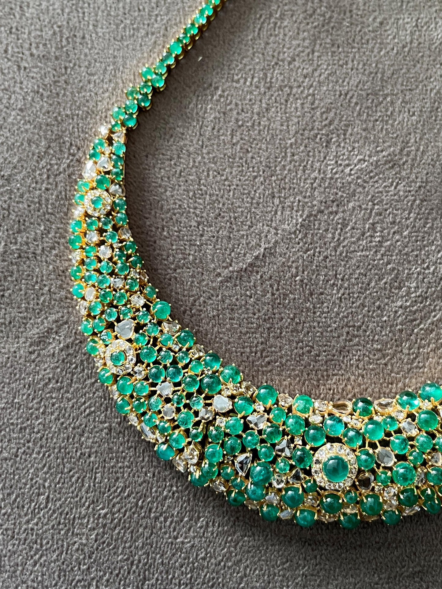 14k Gold Natural Zambian Emerald & Rose Cut Diamond Necklace - 56.43 Carats Emerald, 12.18 Carats Diamond Victorian Necklace