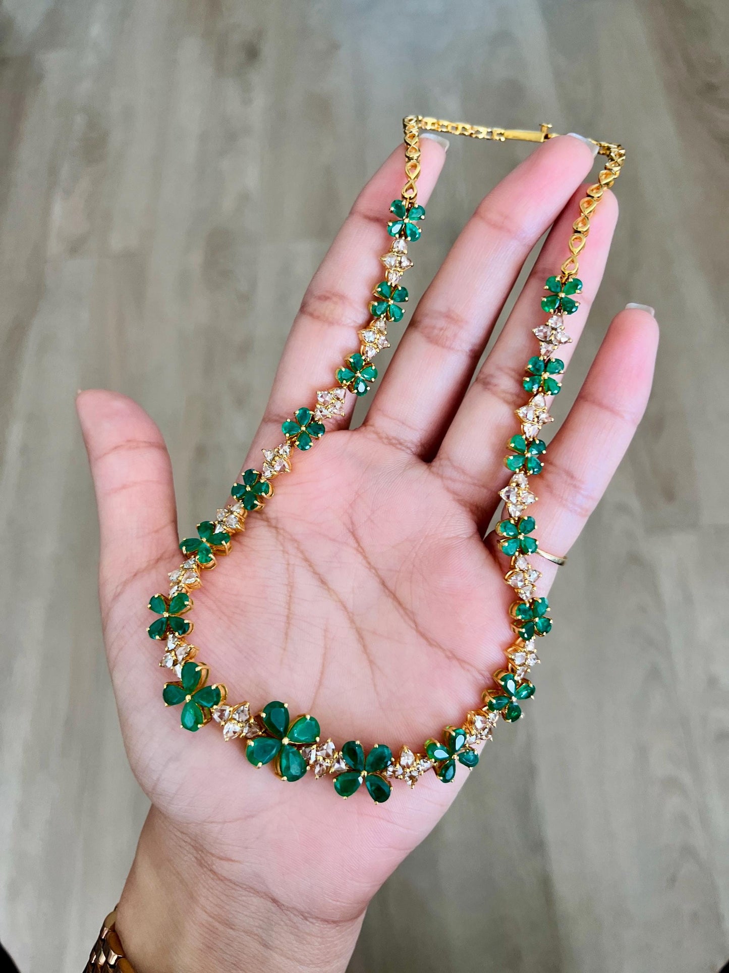 14k Gold Natural Zambian Emerald & Rose Cut Diamond Necklace - 15.6 Carats Emerald, 6.47 Carats Diamond Victorian Necklace