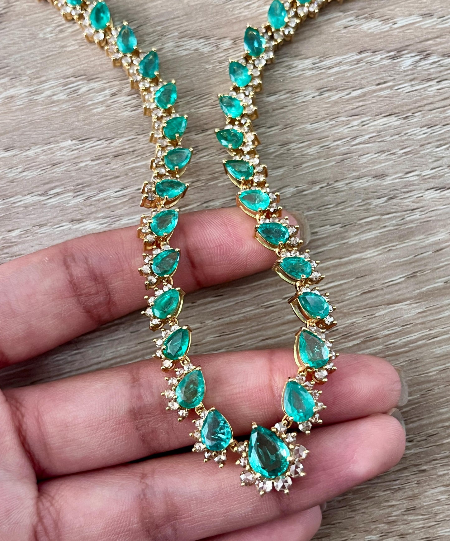 14k Gold Natural Zambian Emerald & Rose Cut Diamond Necklace - 15.74 Carats Emerald, 4.18 Carats Diamond Victorian Necklace