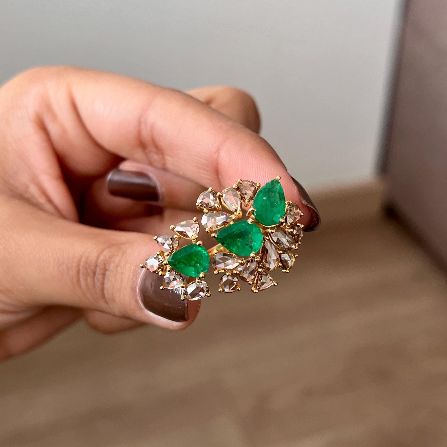 14k Gold Natural Zambian Emerald & Rose Cut Diamond Ring - 3.01 Carats Emerald, 2.1 Carats Diamond Victorian Ring