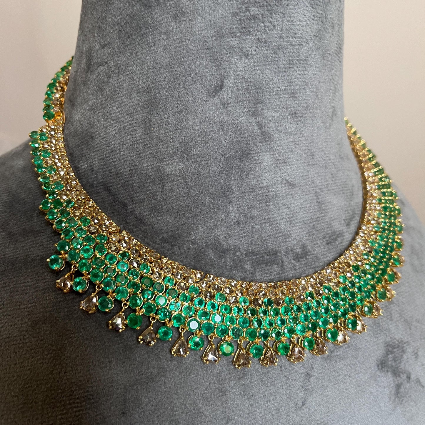 14k Gold Natural Zambian Emerald & Rose Cut Diamond Necklace - 50.6 Carats Emerald, 21.43 Carats Diamond Victorian Necklace