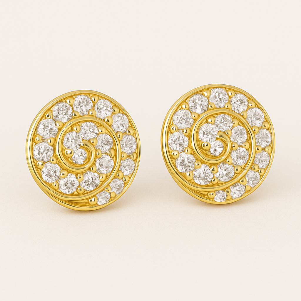 A pair of round gold stud earrings featuring a spiral design set with vibrant white sapphires. Each earring showcases 14 gemstones intricately arranged along a golden swirl pattern, displayed against a soft cream background.