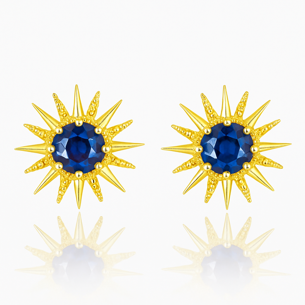 Solid Gold Natural Blue Sapphire Sunburst Art Deco Stud Earrings