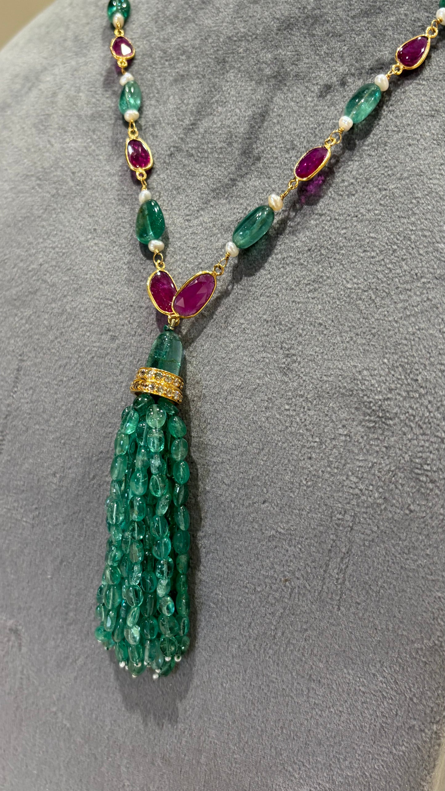 14k Gold Natural Zambian Emerald, Ruby & Rose Cut Diamond Boho Victorian Beaded Tassel Necklace