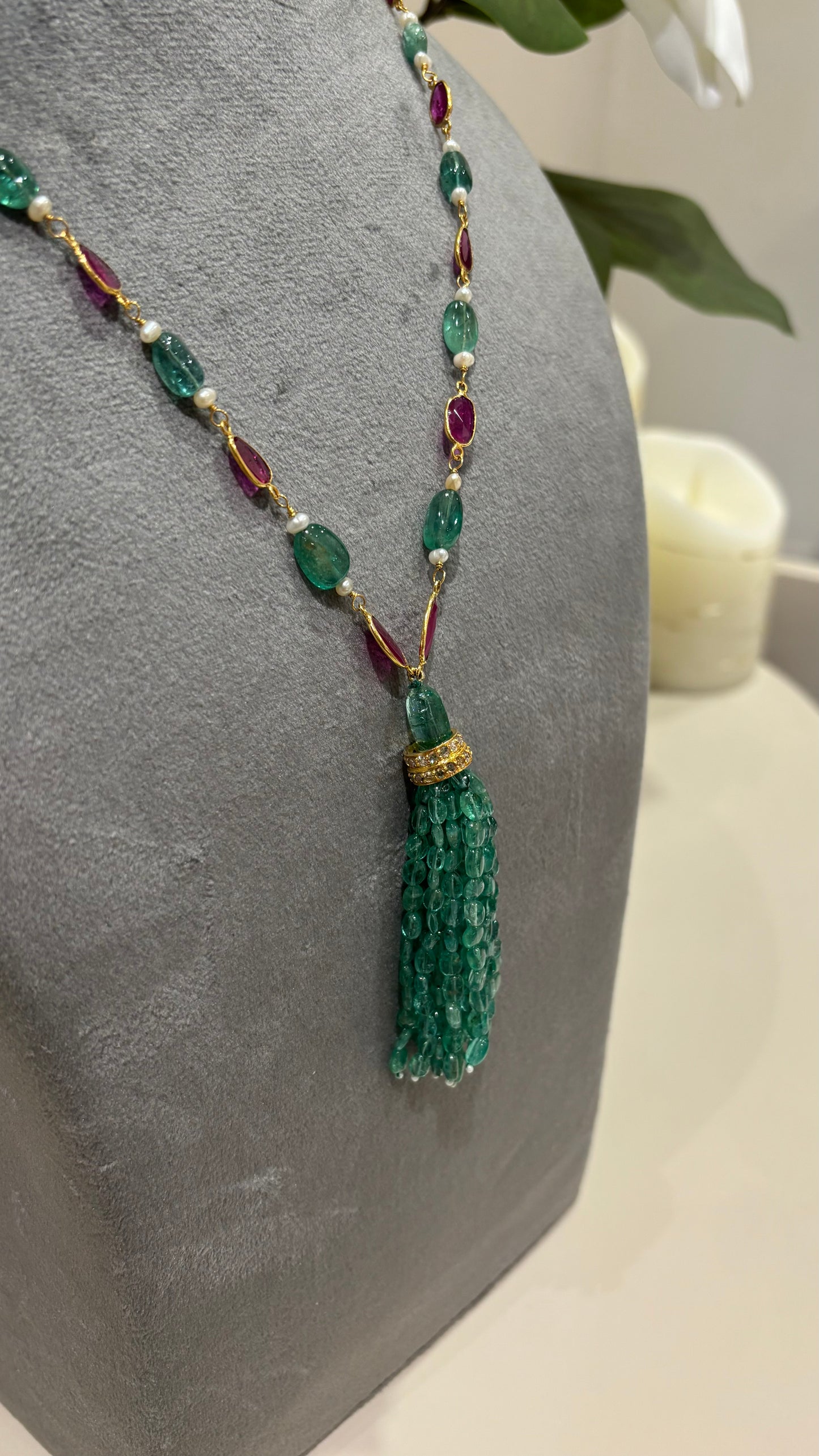 14k Gold Natural Zambian Emerald, Ruby & Rose Cut Diamond Boho Victorian Beaded Tassel Necklace