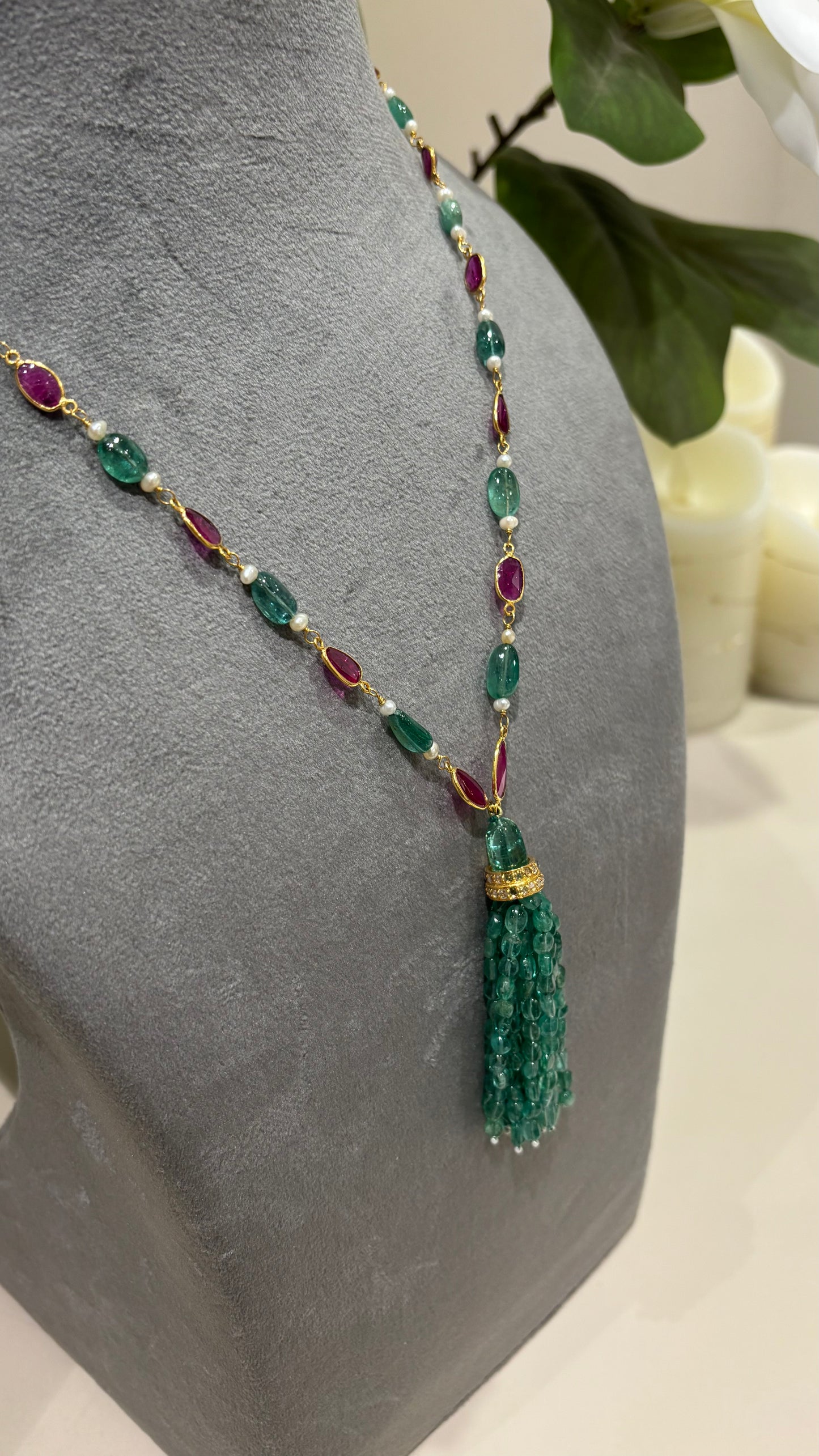 14k Gold Natural Zambian Emerald, Ruby & Rose Cut Diamond Boho Victorian Beaded Tassel Necklace
