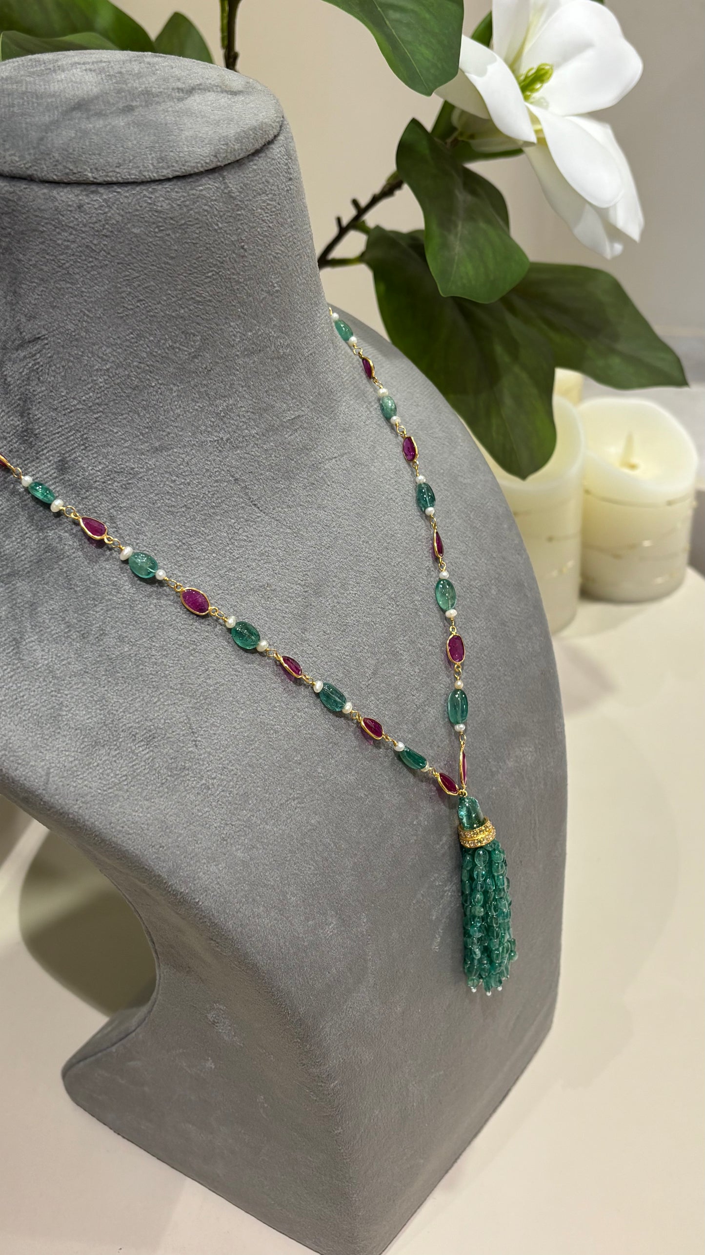 14k Gold Natural Zambian Emerald, Ruby & Rose Cut Diamond Boho Victorian Beaded Tassel Necklace