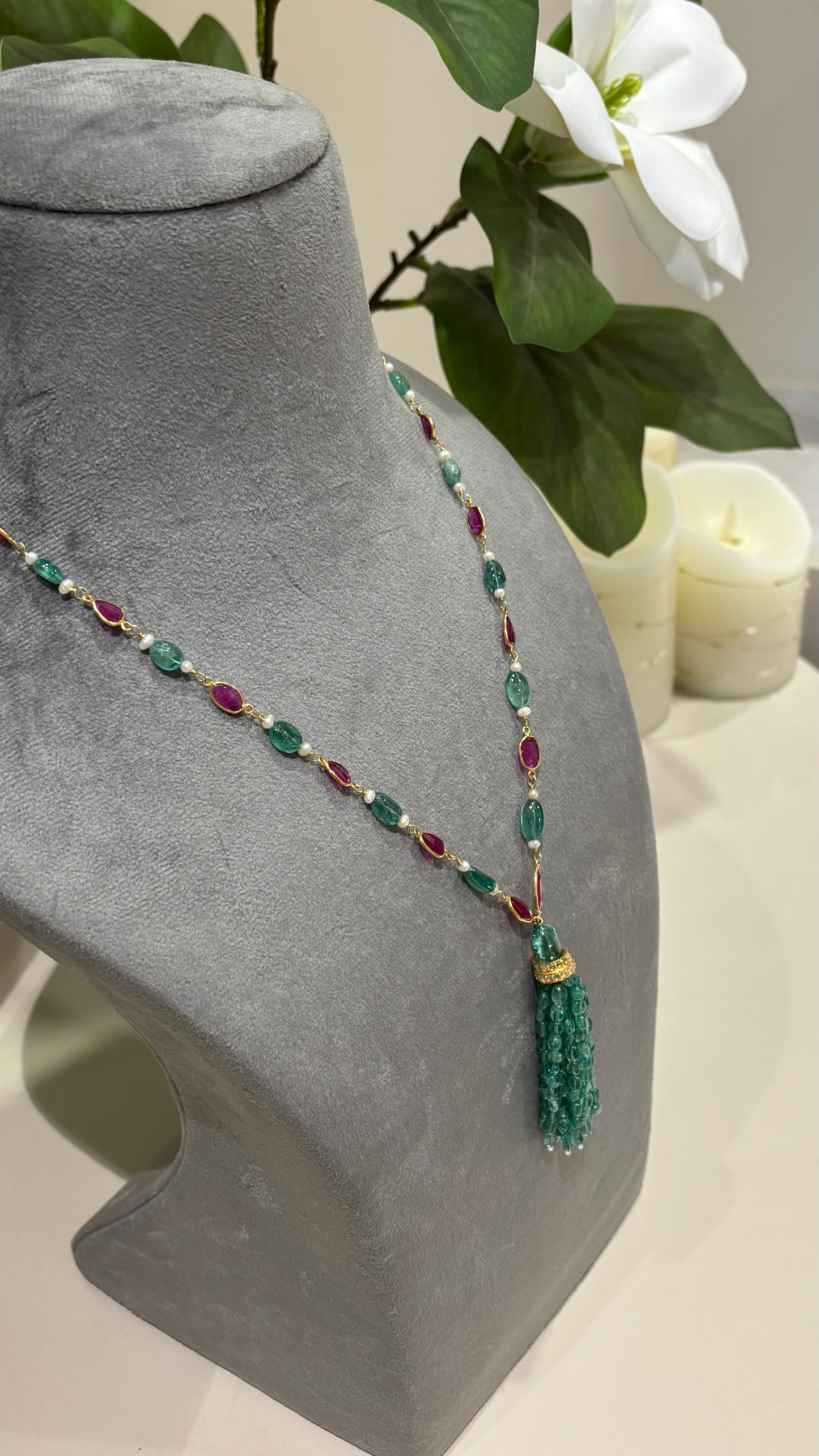 14k Gold Natural Zambian Emerald, Ruby & Rose Cut Diamond Boho Victorian Beaded Tassel Necklace