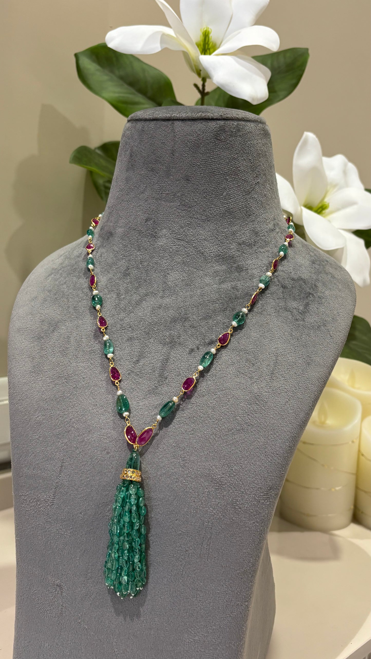 14k Gold Natural Zambian Emerald, Ruby & Rose Cut Diamond Boho Victorian Beaded Tassel Necklace