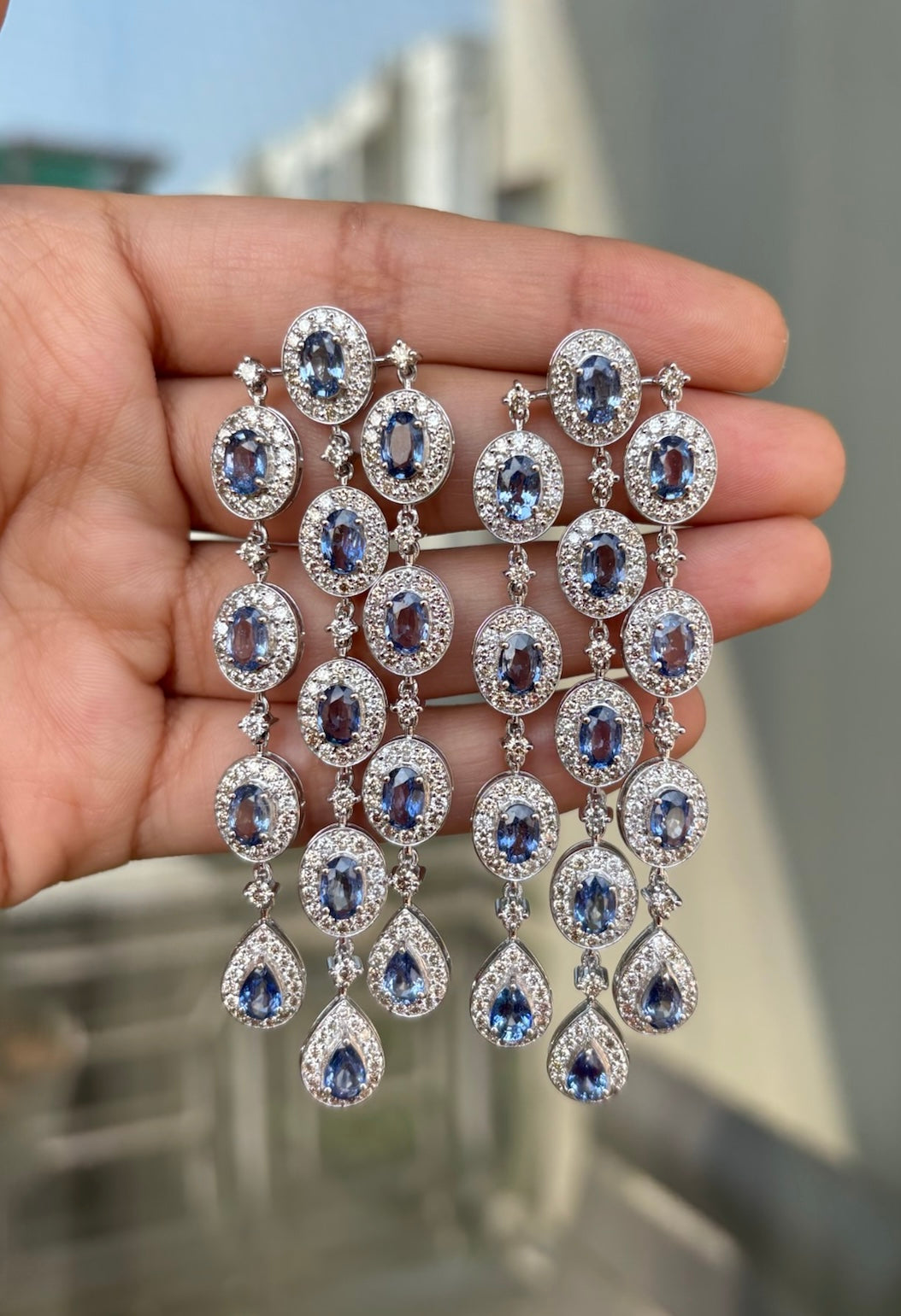 14k Gold Natural Blue Sapphire & Diamond Earrings - 13.78 Carats Sapphire, 7.53 Carats Diamond Art Deco Earrings