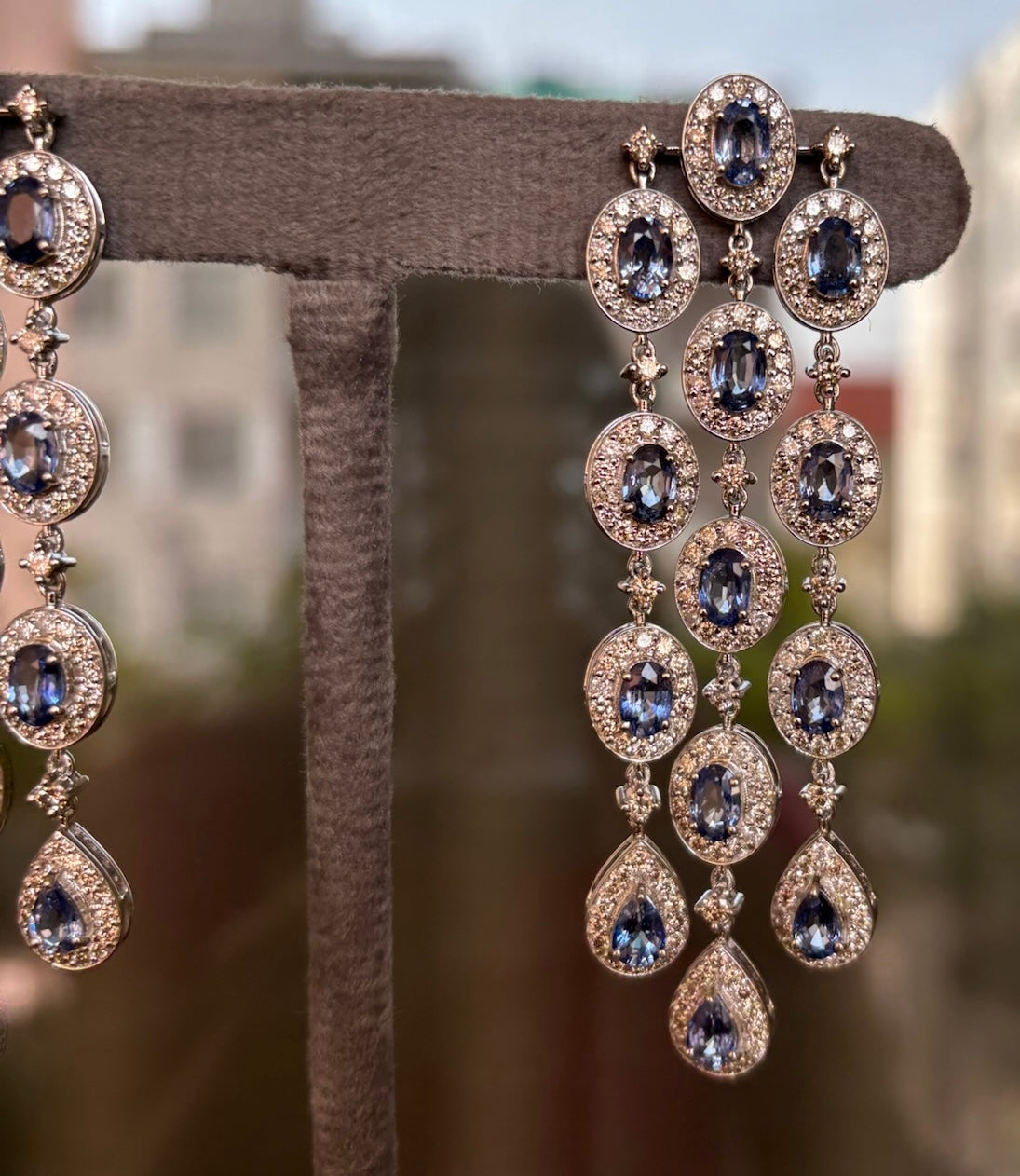 14k Gold Natural Blue Sapphire & Diamond Earrings - 13.78 Carats Sapphire, 7.53 Carats Diamond Art Deco Earrings