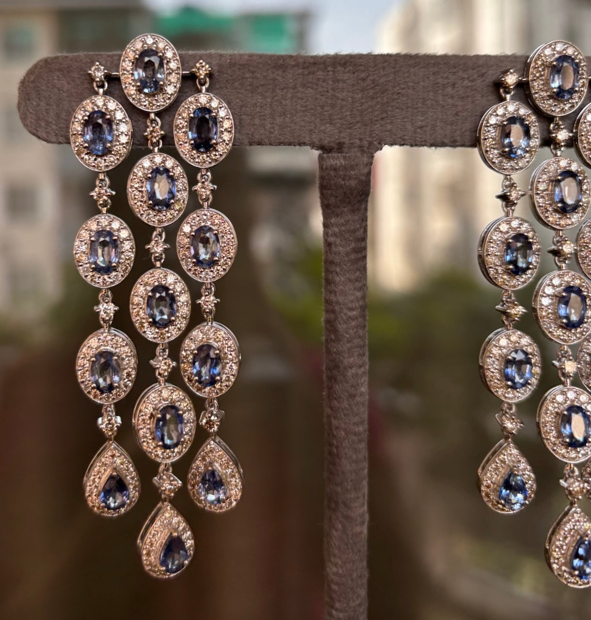 14k Gold Natural Blue Sapphire & Diamond Earrings - 13.78 Carats Sapphire, 7.53 Carats Diamond Art Deco Earrings