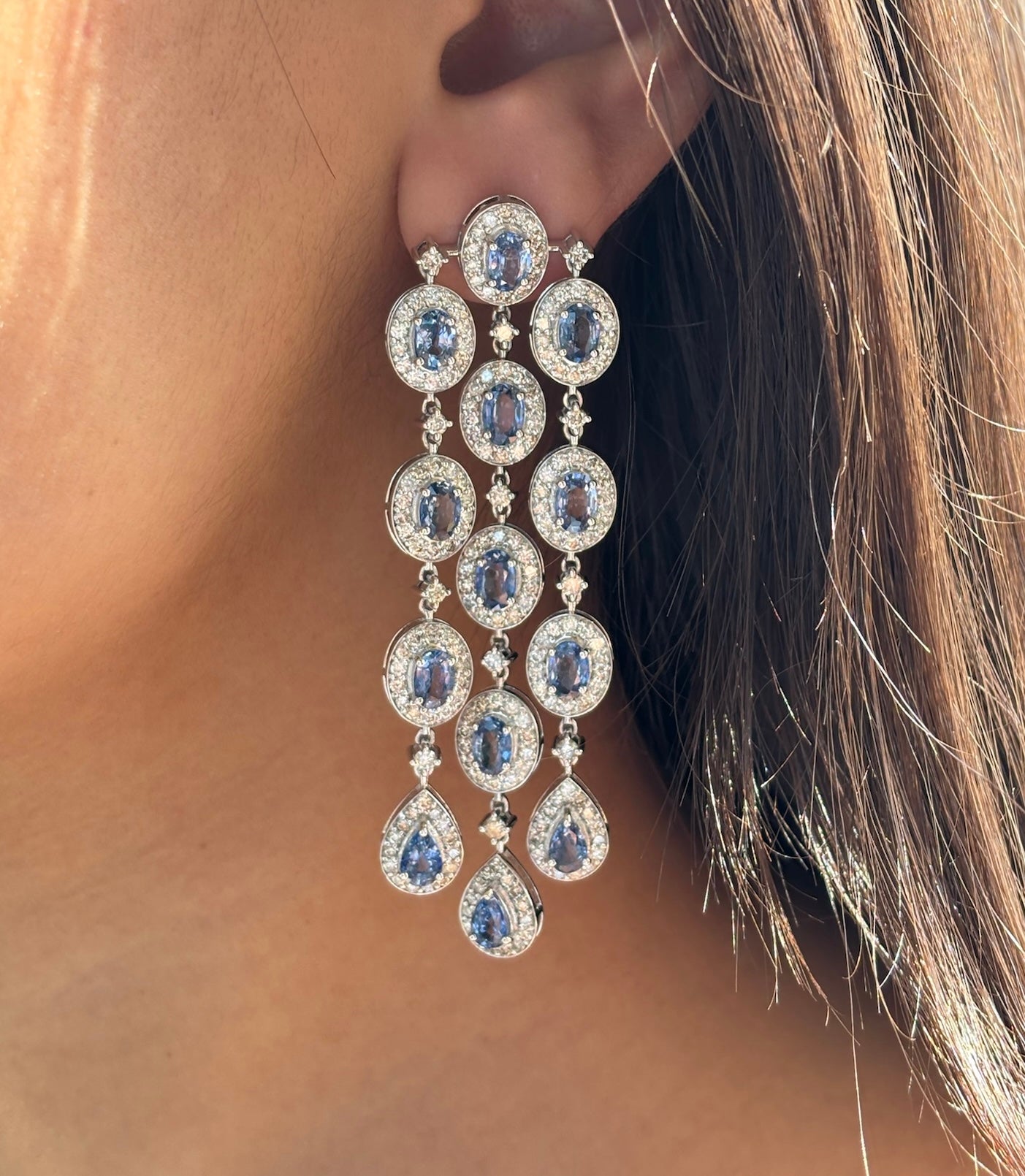 14k Gold Natural Blue Sapphire & Diamond Earrings - 13.78 Carats Sapphire, 7.53 Carats Diamond Art Deco Earrings