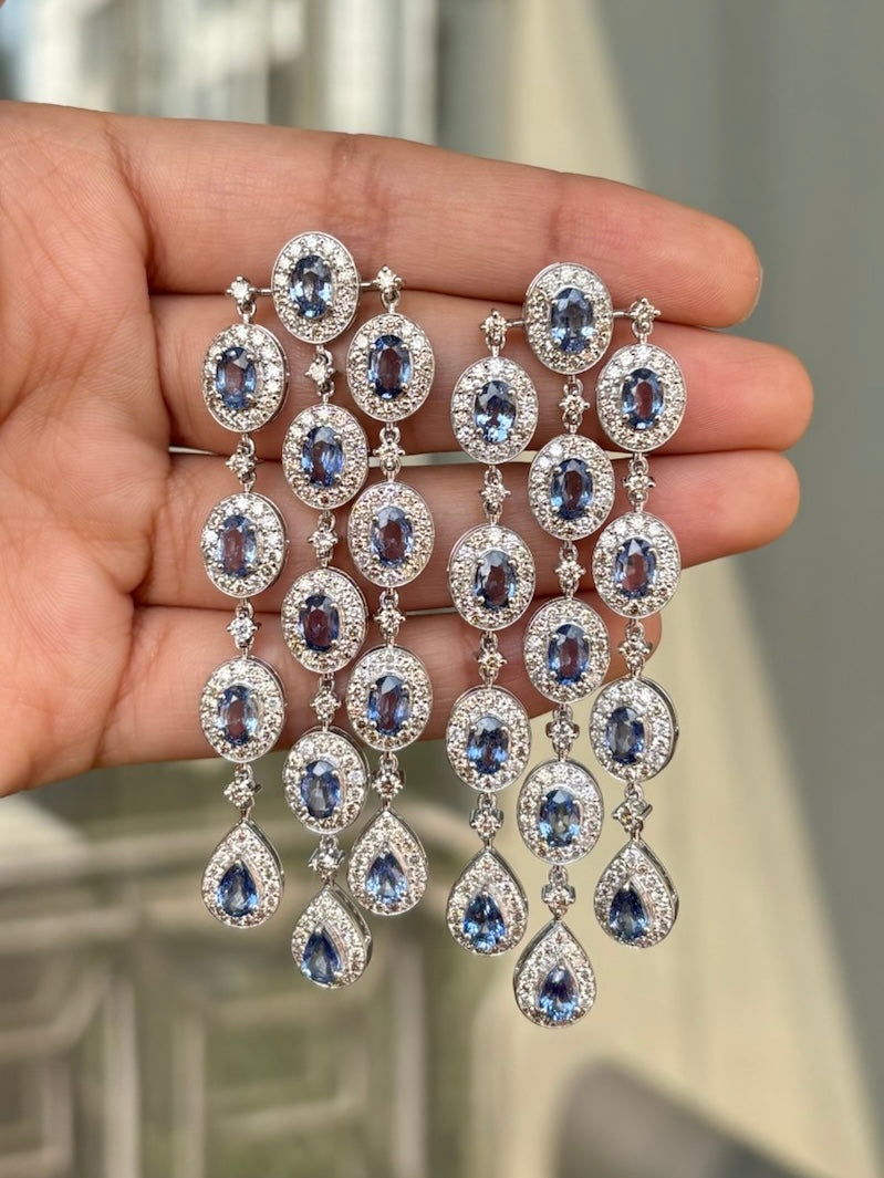14k Gold Natural Blue Sapphire & Diamond Earrings - 13.78 Carats Sapphire, 7.53 Carats Diamond Art Deco Earrings