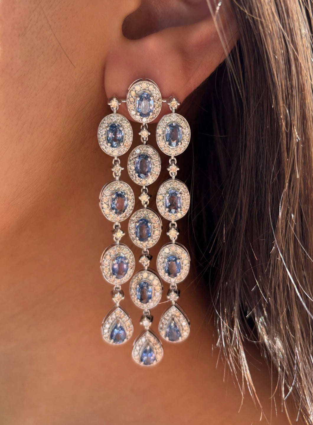 14k Gold Natural Blue Sapphire & Diamond Earrings - 13.78 Carats Sapphire, 7.53 Carats Diamond Art Deco Earrings