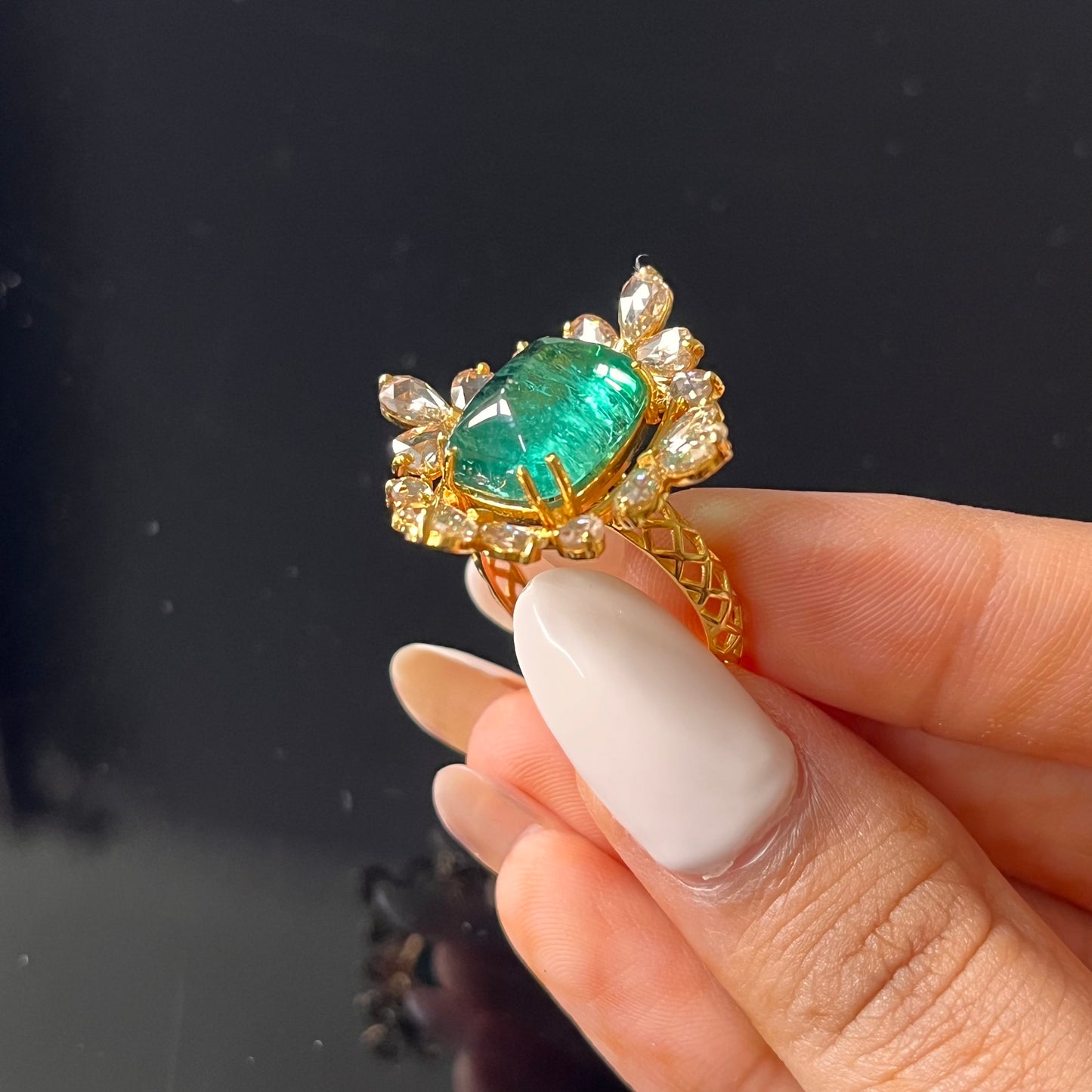 14k Gold Natural Zambian Emerald & Rose Cut Diamond Ring - 7.04 Carats Emerald, 2.57 Carats Diamond Victorian Ring