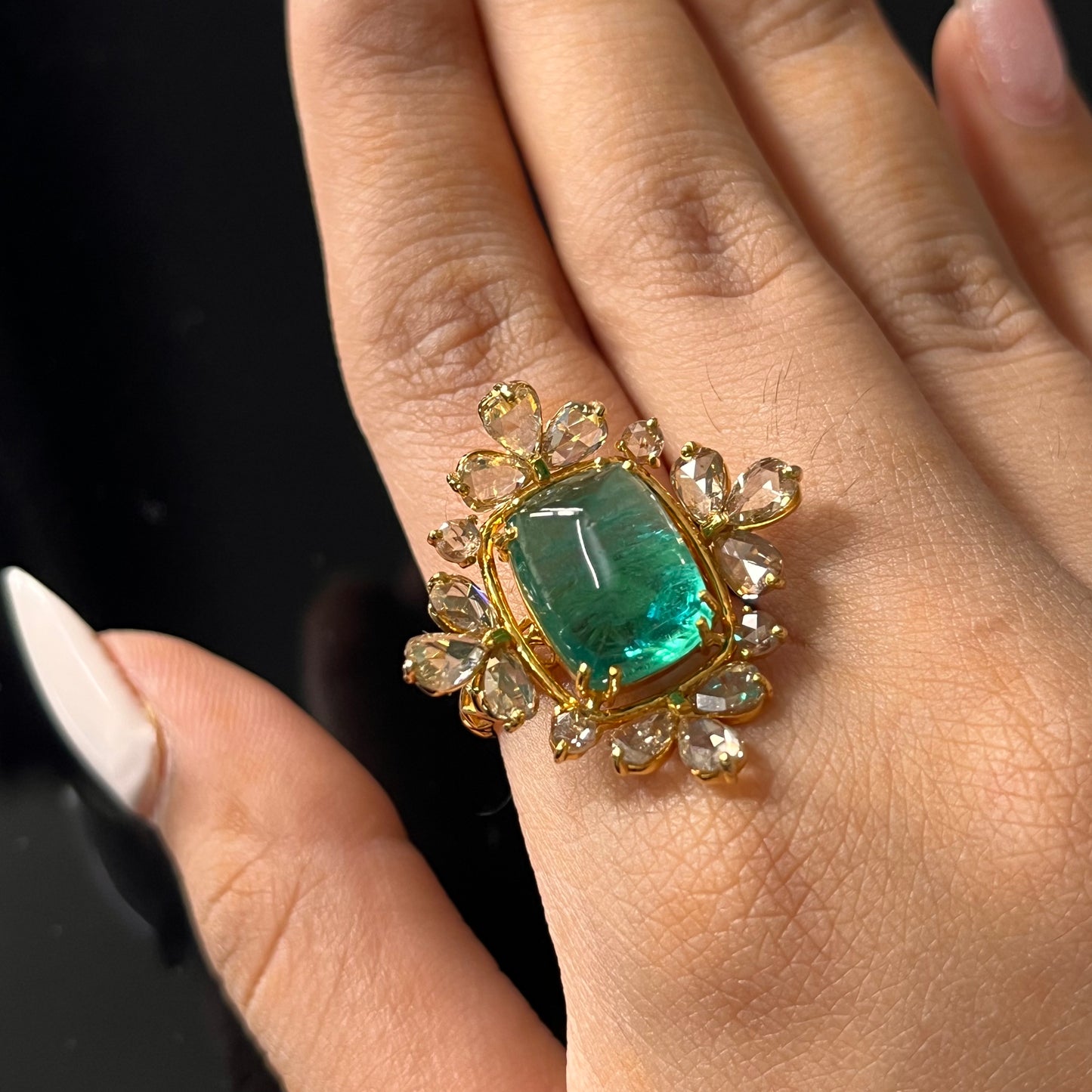 14k Gold Natural Zambian Emerald & Rose Cut Diamond Ring - 7.04 Carats Emerald, 2.57 Carats Diamond Victorian Ring