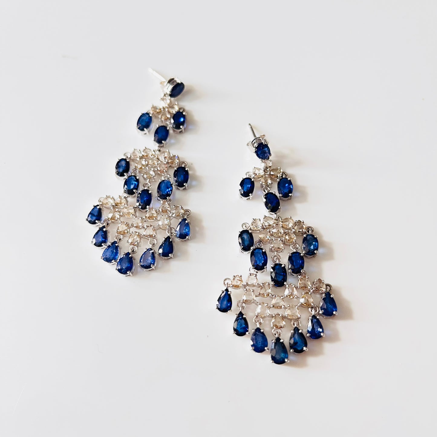 14k Gold Natural Blue Sapphire & Diamond Earrings - 15.57 Carats Sapphire, 4.46 Carats Diamond Victorian Earrings