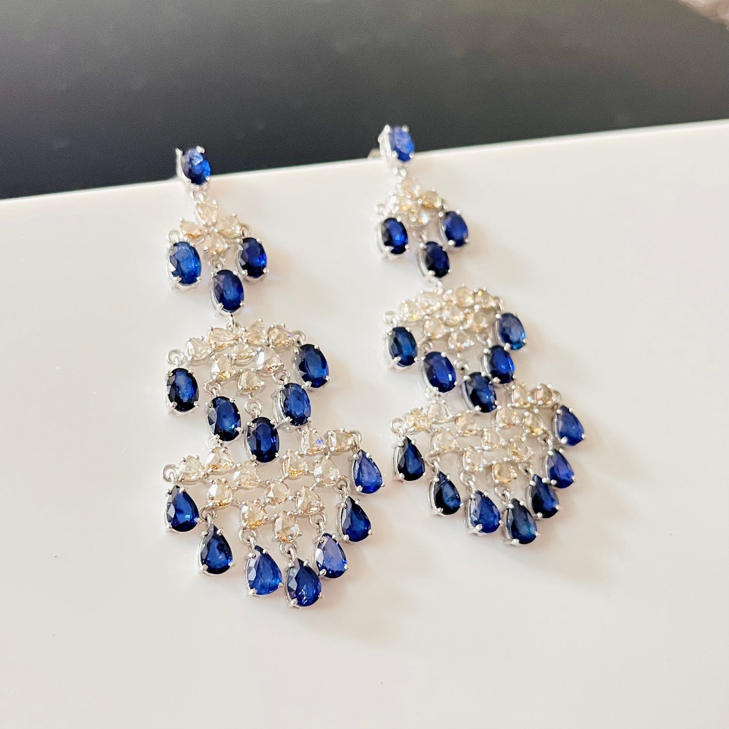 14k Gold Natural Blue Sapphire & Diamond Earrings - 15.57 Carats Sapphire, 4.46 Carats Diamond Victorian Earrings